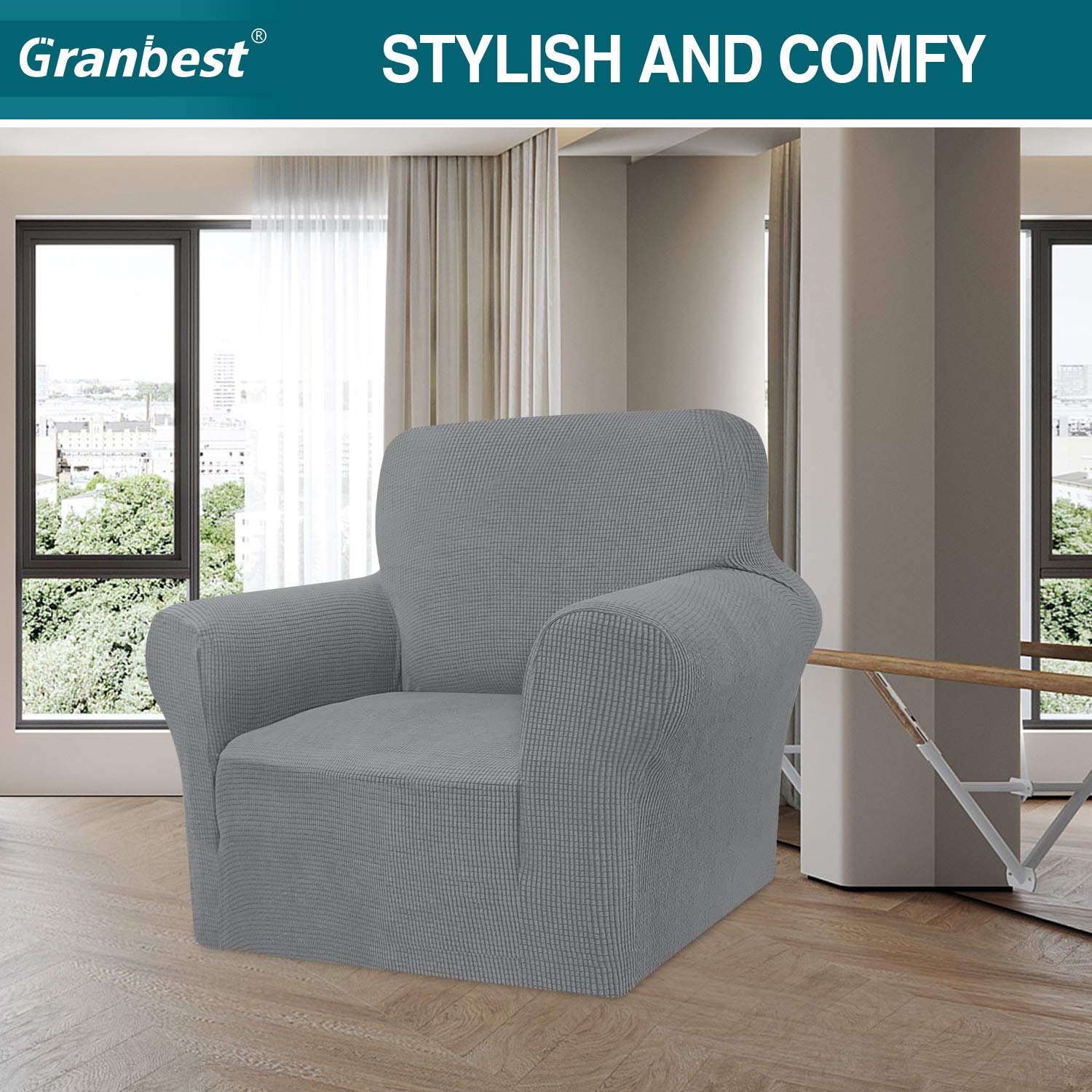 Granbest, copridivano Elasticizzato ad Alta Elasticità, Moderno Jacquard, copridivano Elastico per Soggiorno, Protezione per Cani e Animali Domestici (1 Posto, Grigio Chiaro)