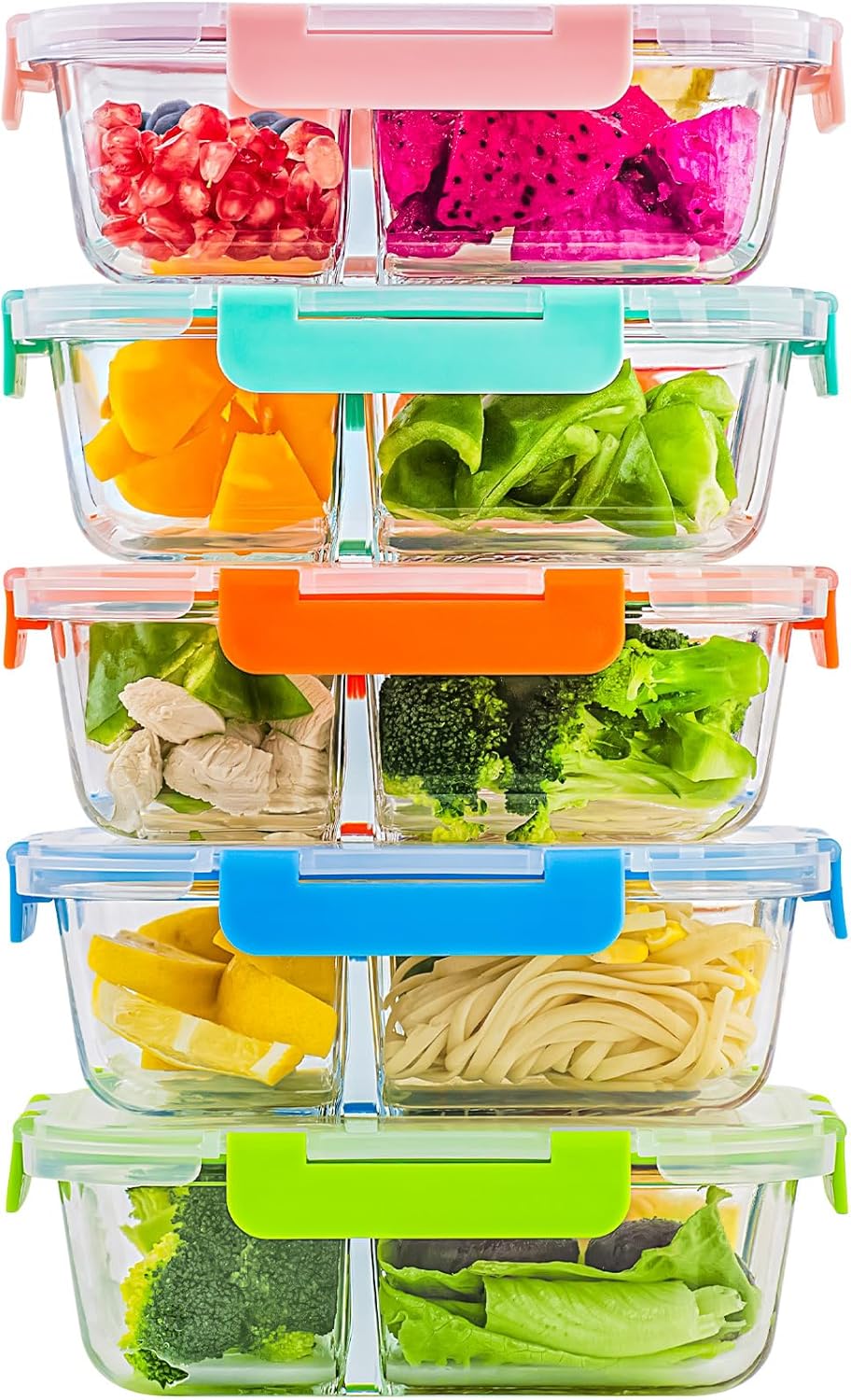 C CREST 5-Pack,3 Compartment Glass Meal Prep Containers Set,34oz, Divided Glass Meals Storage Containers with Lids, Glass Lunch Field with Dividers