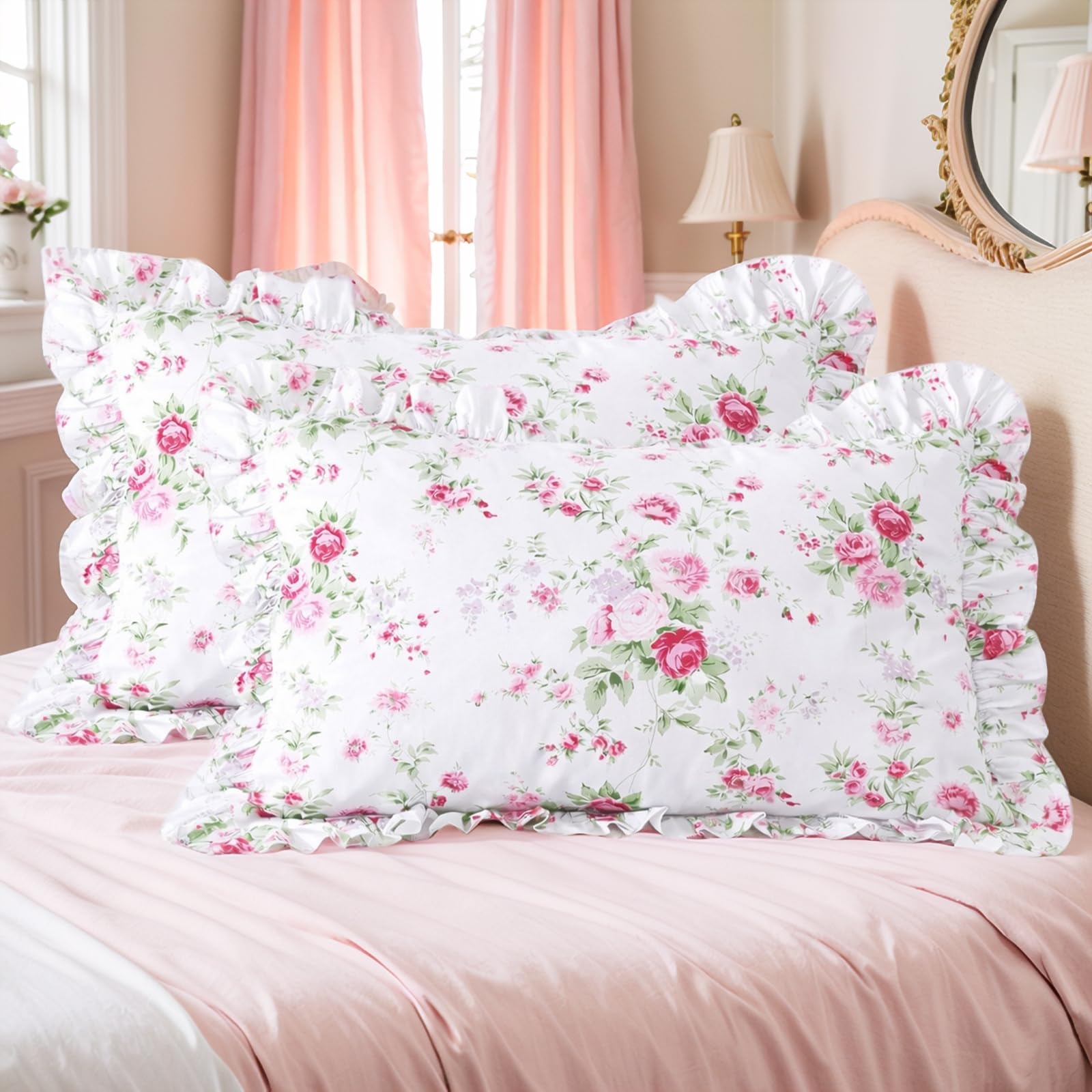 Shabby Pink Rose Floral Print Pillowcases 100% Cotton Elegant Country Style Vintage Lace Ruffles Bedding Pillow Covers King/Cal. King Size 20" x 36"
