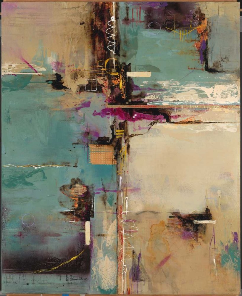 ART-CANVAS-stretched-on-WOODEN -BARS Aqua Fusion Villarreal Villarreal Gabriela - Abstract vertical image Brown Red Blue Fine art print 27_X_22_in