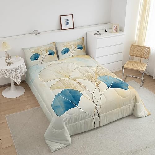 Miniatura 2 de Erosebridal Juego de edredón de hojas de ginkgo tamaño Queen, color marrón y azul, juego de ropa de cama de hojas de ginkgo biloba para niños,