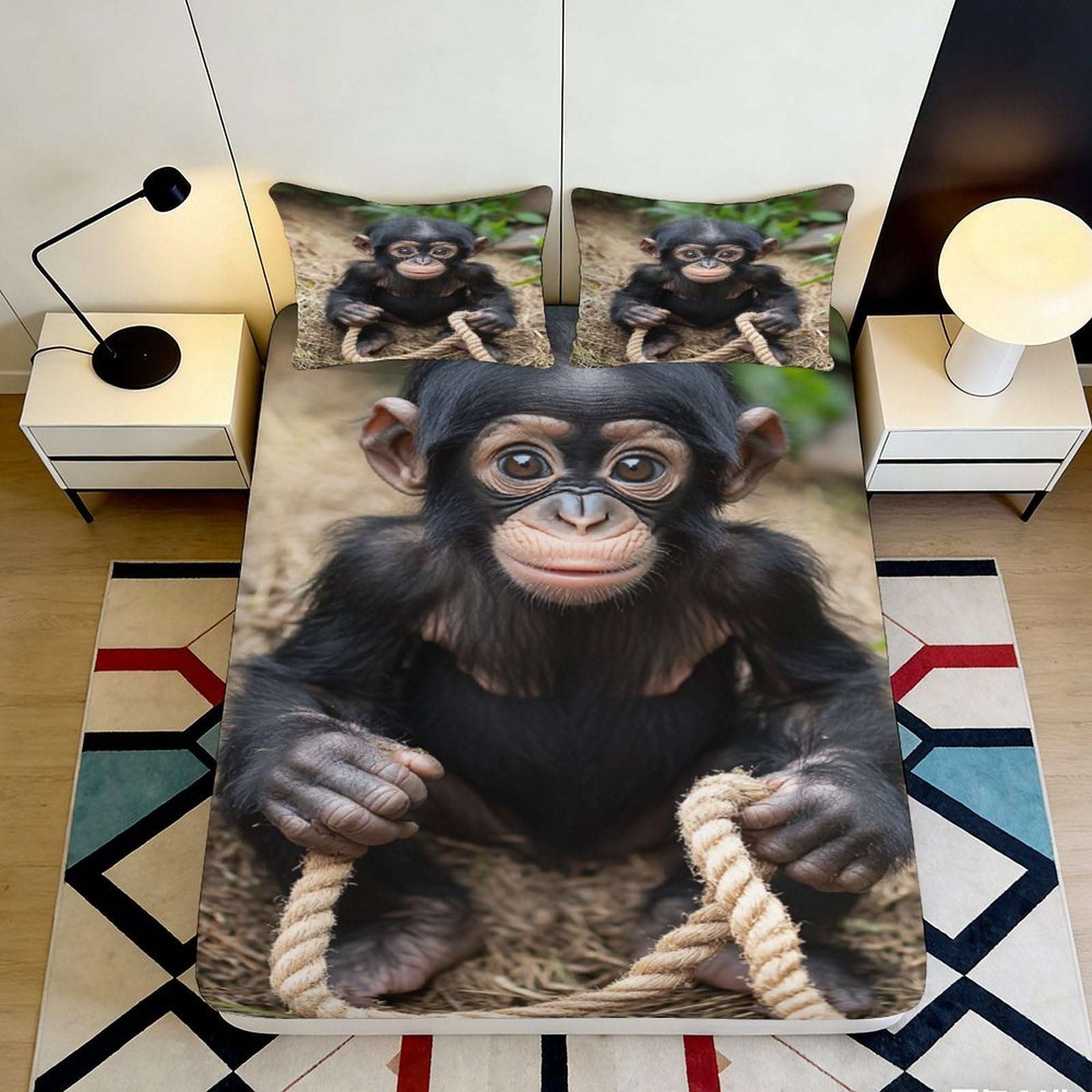 3D Printed Baby Chimpanzee Fitted Sheet Microfiber Soft Breathable Young Monkey Bed Cover for Bedroom Dormitory Guest Room Mattress Protection Decor 120x200x25cm