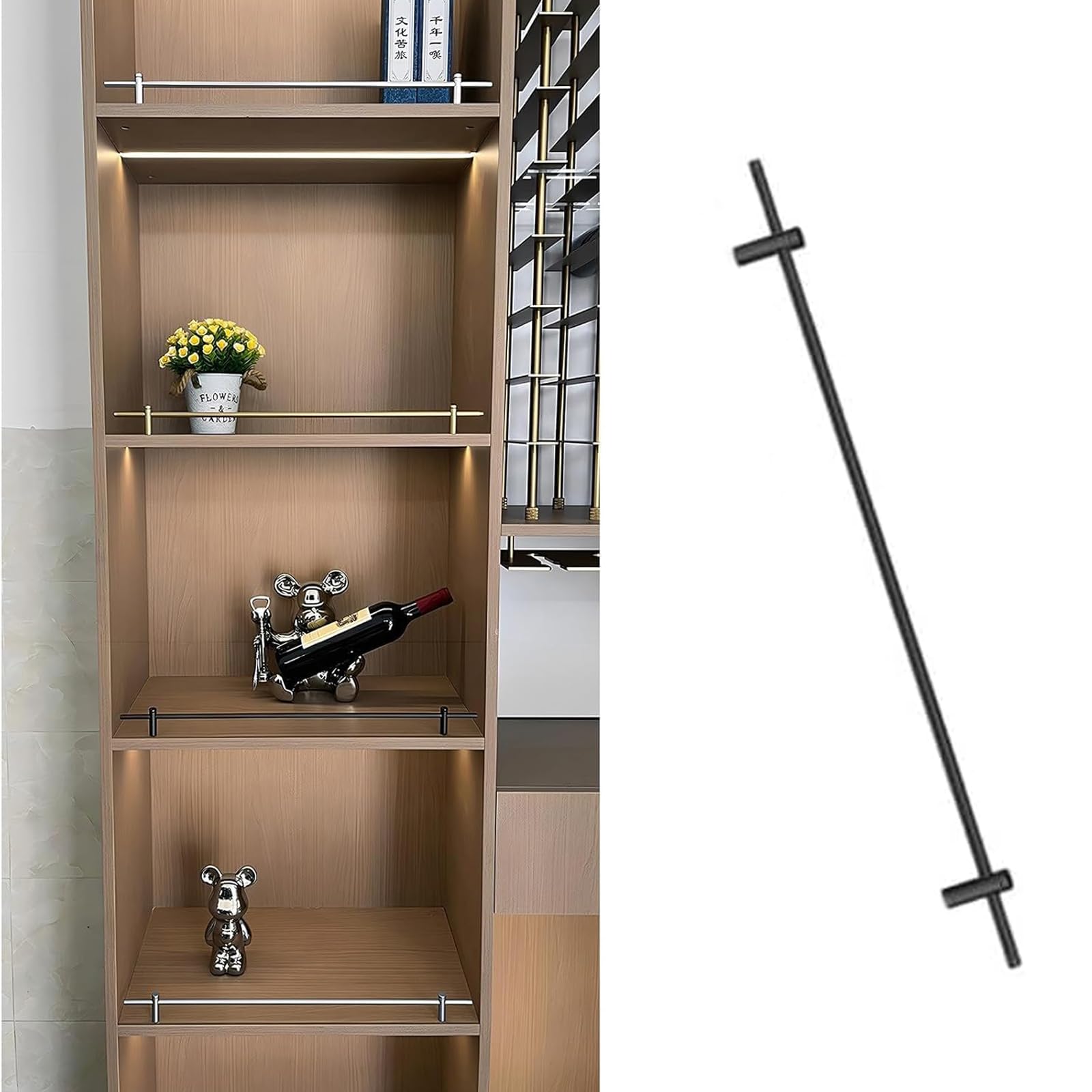 Usknxiu Metal Shelf Rail for Wood Shelves, 42 41 40 39 38 36 30 28 24 20 16 14 12 10 8 Inch Aluminum Alloy Anti-Fall Guard Fence, Brass Rails for Shelves and Kitchen Cabinets,Black,26in/66cm,2