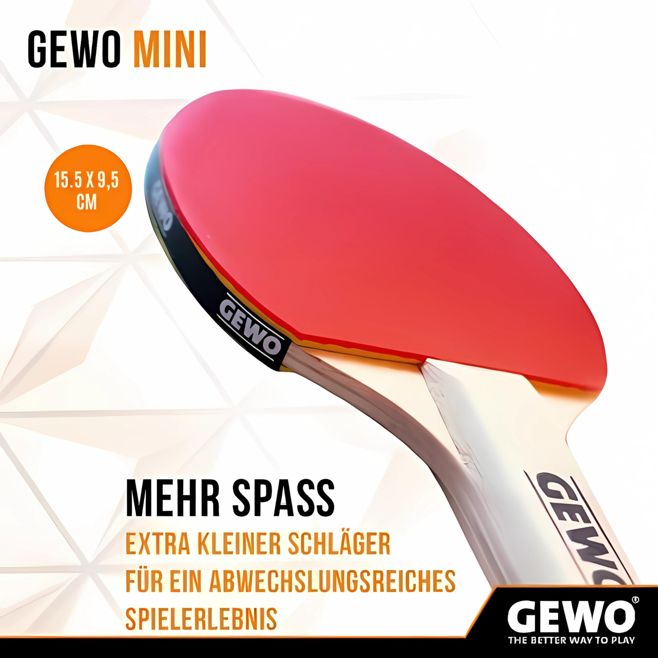 GEWO Mini Raqueta de Ping Pong con Mango reducido y Pala para diversión recreativa. Pala Completa Ligera con Revestimiento Interior de Puntos Rojos y Negros. 15,5 x 9,5 cm