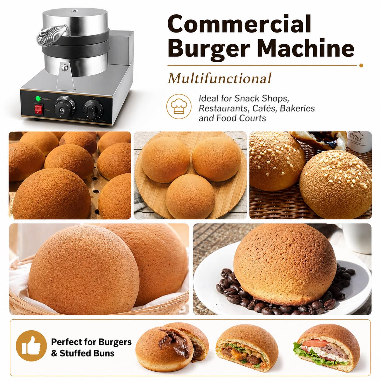 Piastra Elettrica per Waffle, Macchina per Hamburger Ufo da 1300 W, Macchina per Panini Antiaderente Commerciale, Temperatura Regolabile da 50 a 300 ℃, Acciaio Inossidabile per Uso Domestico
