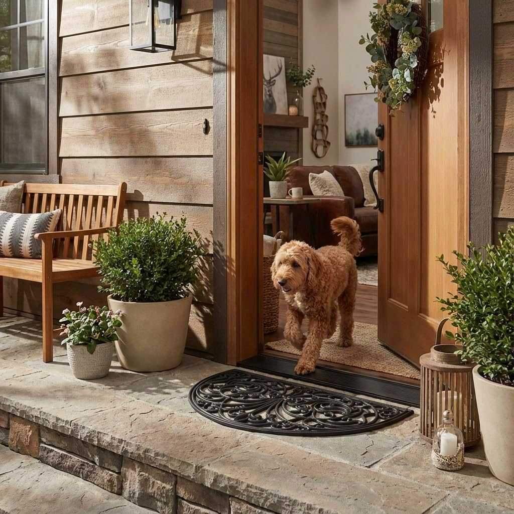 Kempf Rubber Scroll Doormat Half Moon Mat, Indoor Outdoor Entrance Mat, Low Clearance, Functional and Easy to Clean, Wrought Iron Scroll Design