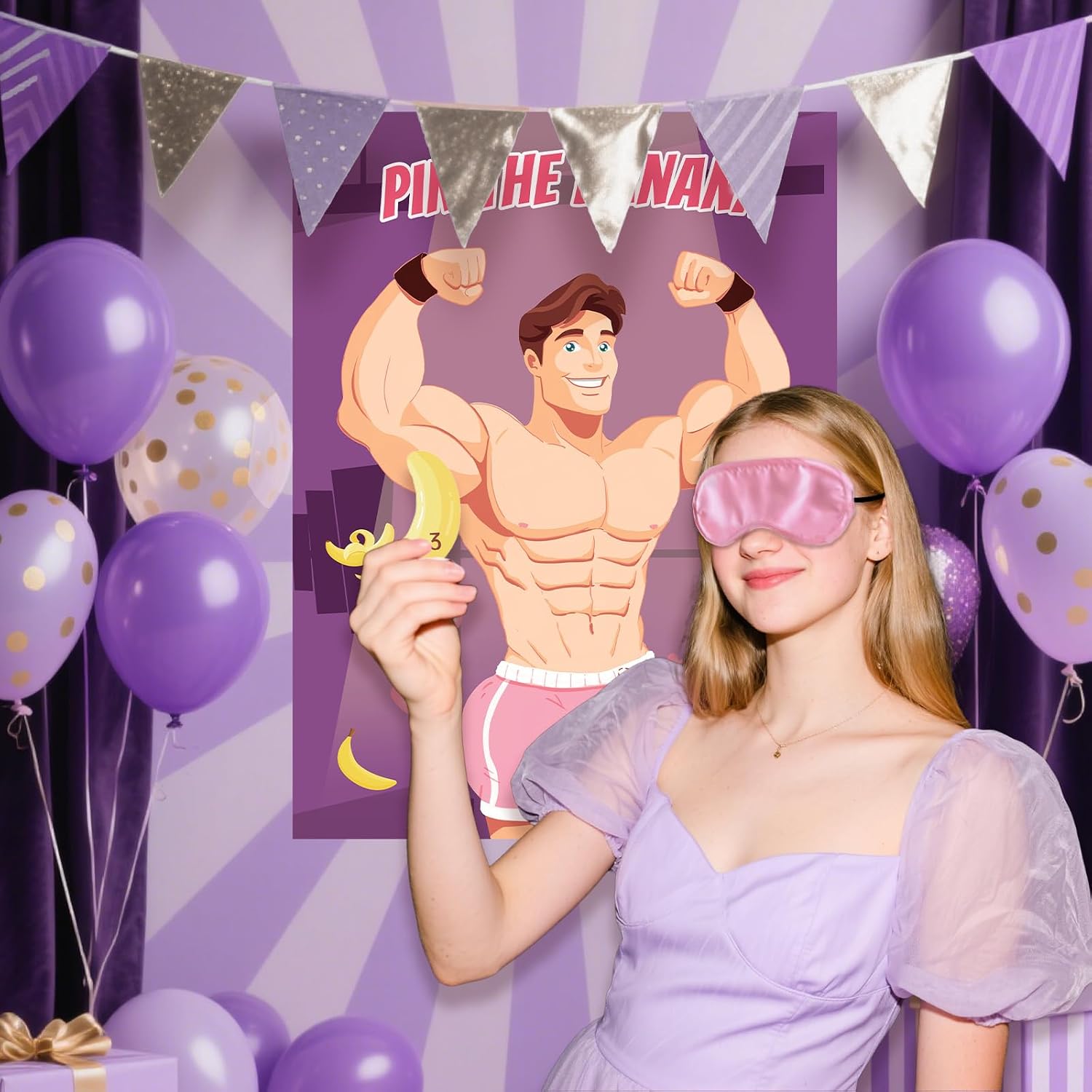 Bachelorette Party Games for Adults Women - Pin The Banana On The Hunk Bachelorette Game, Bridal Shower Games with 24 Stickers & 1 Blindfold for Girls Night Wedding Engagement Party