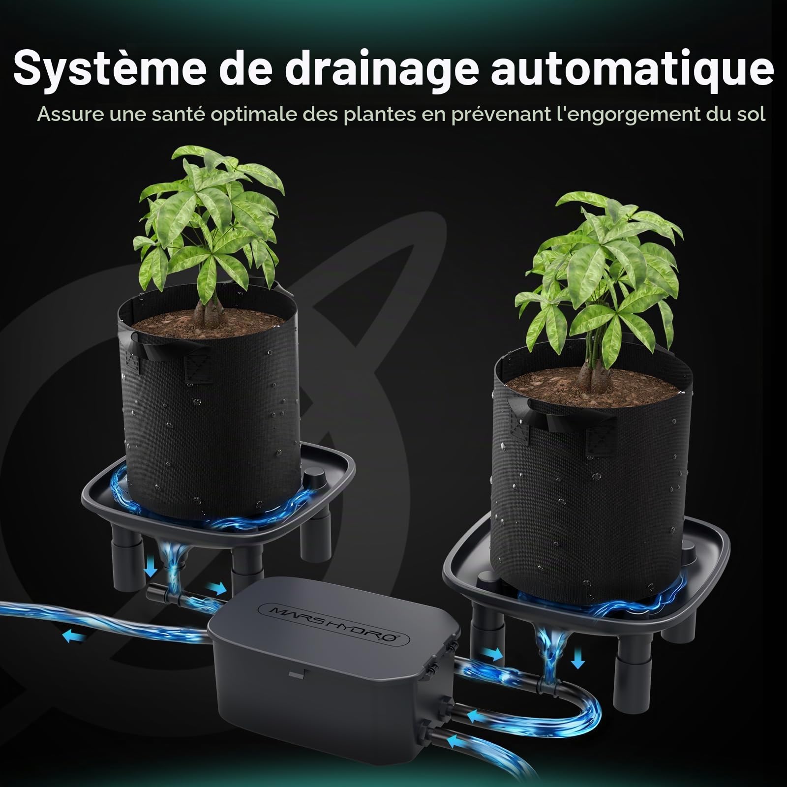 MARS HYDRO Système de drainage automatique - 4 bols + 1 pompe + 4 sacs de plantation (18,9 l) - Pour plantes en pot