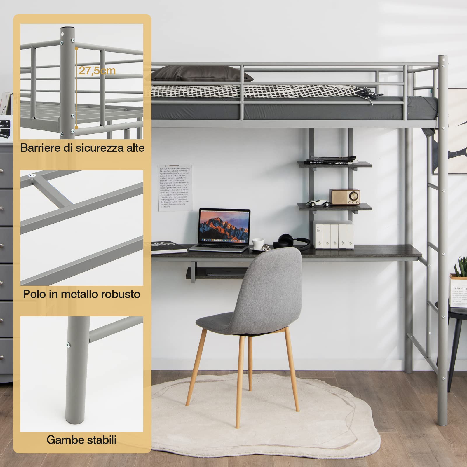 COSTWAY Letto a Soppalco in Metallo, Struttura del Letto Salvaspazio con 2 Scale e Scrivania, Letto a Doghe Ideale per Adolescenti e Adulti, 200x95x180,5 cm (Argento)
