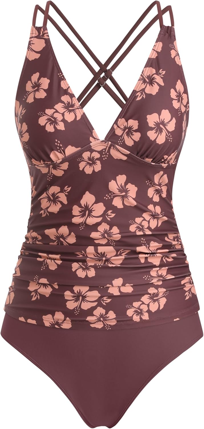ZAFUL Womens Tankini Swimsuits V Neck Push Up Swim Top Color Block Tummy Control High Waisted Bathing Suits Swim Bottom