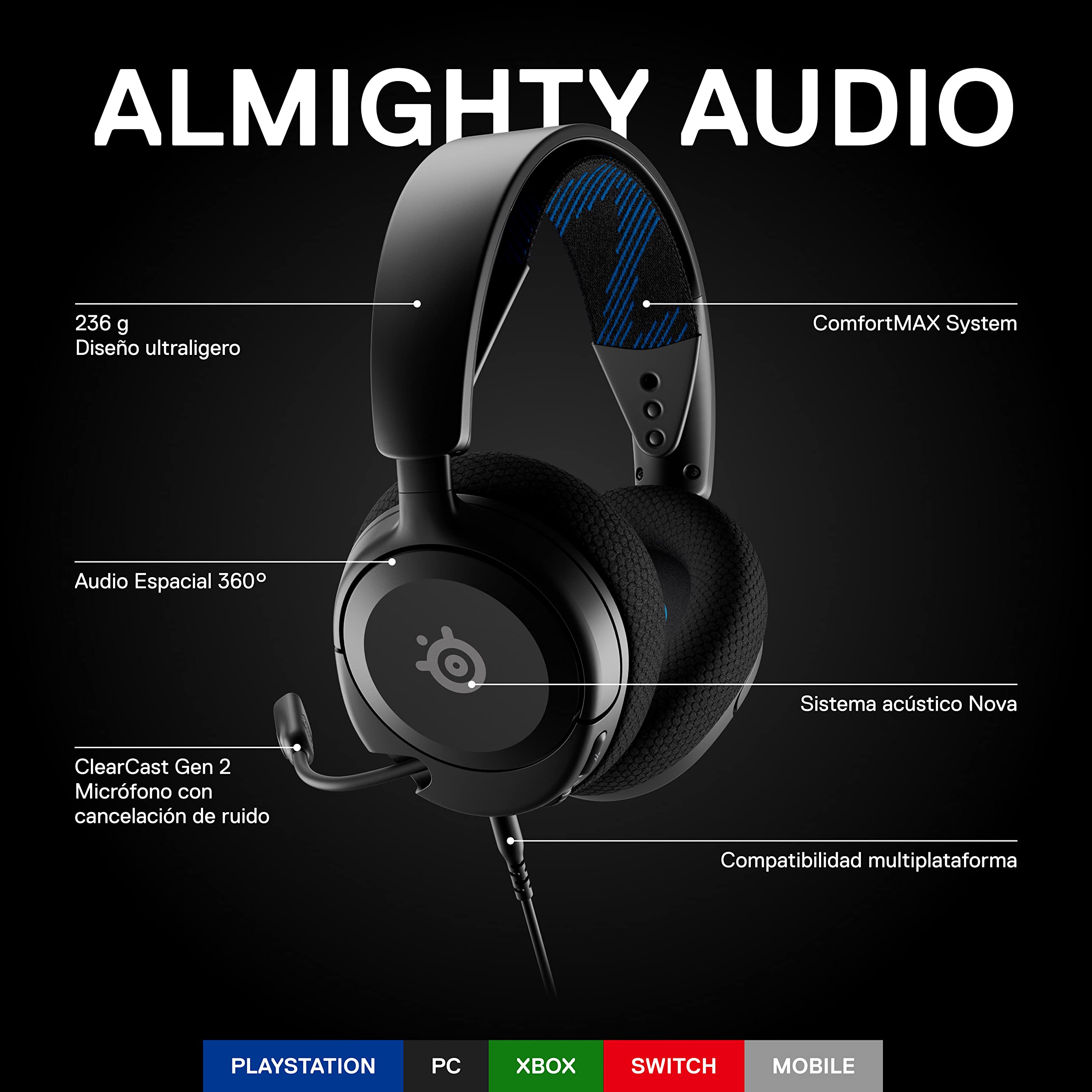 SteelSeries Arctis Nova 1P - Cascos PS5 Con Cable y Multisistema - Controladores Hi-Fi - Audio espacial 360° - Almohadillas de espuma con memoria - Ultraligeros - PS5, PS4, PC, Xbox - Negro