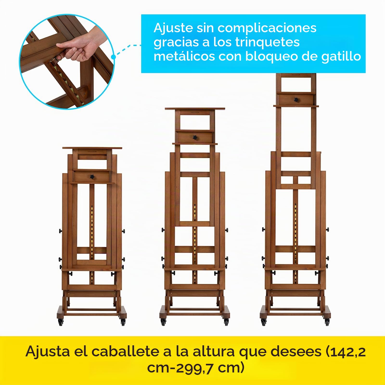 MEEDEN Caballete de pintura artística extragrande: caballete de artista de madera de haya maciza, caballete profesional de estudio resistente para adultos, soporte de piso con marco en H móvil para