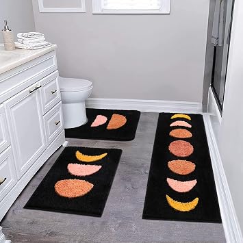 Pauwer Boho Bathroom Rugs Set 3 Piece, Non Slip Bath Mats, Absorbent Microfiber Mats, Bohemian Runner, Shower Rug With U Shaped Toilet Rug, Floor Mat Carpet