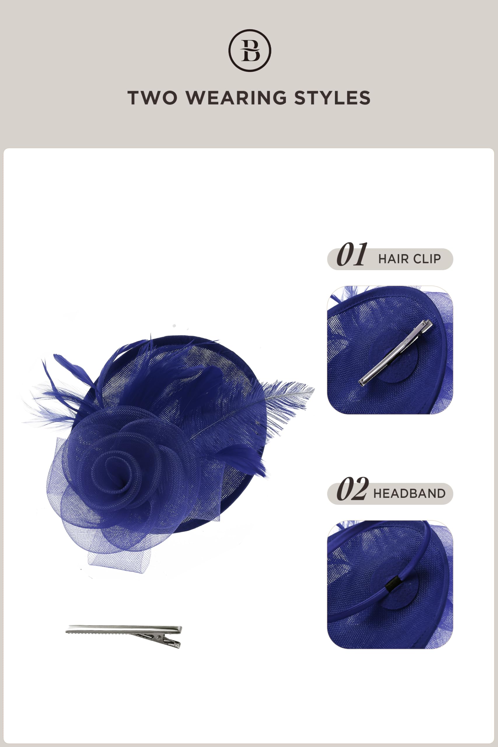 BABEYOND Tocado de mujer con plumas y flores de malla, elegante gorro con clip para el pelo para bodas, día de carrera de damas, fiesta de cóctel
