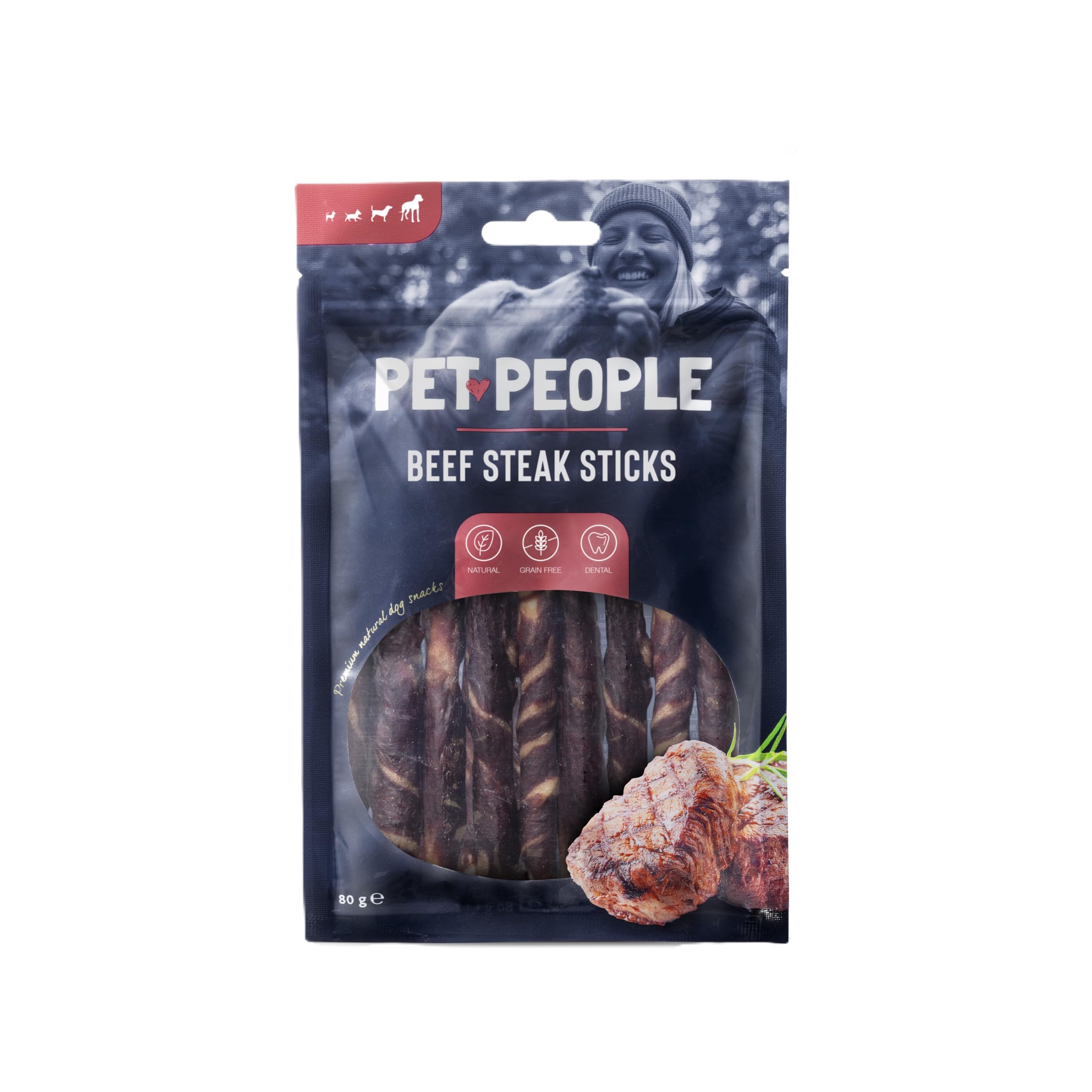 Pet People Beef Steak Sticks 80g, Natural, Grain Free, High Protein, Dental Care, Dog Snacks - 8pc, 80g (12 Bags)