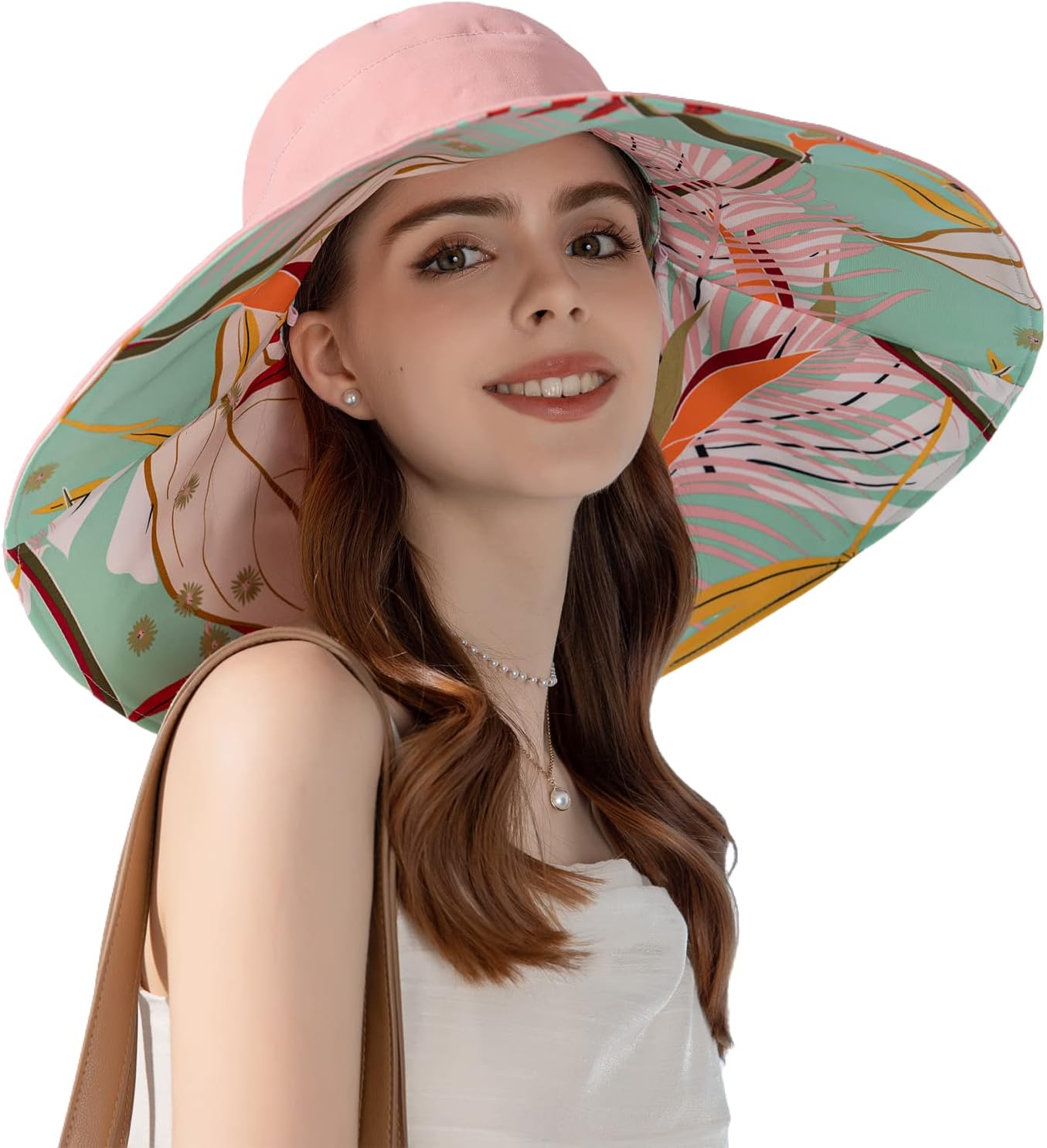 HUAMULANWomen Summer Sun Hat Wide Brim Wired Edge Floral Beach Bucket Hats Reversible Foldable Travel UV Protection Lady Hat