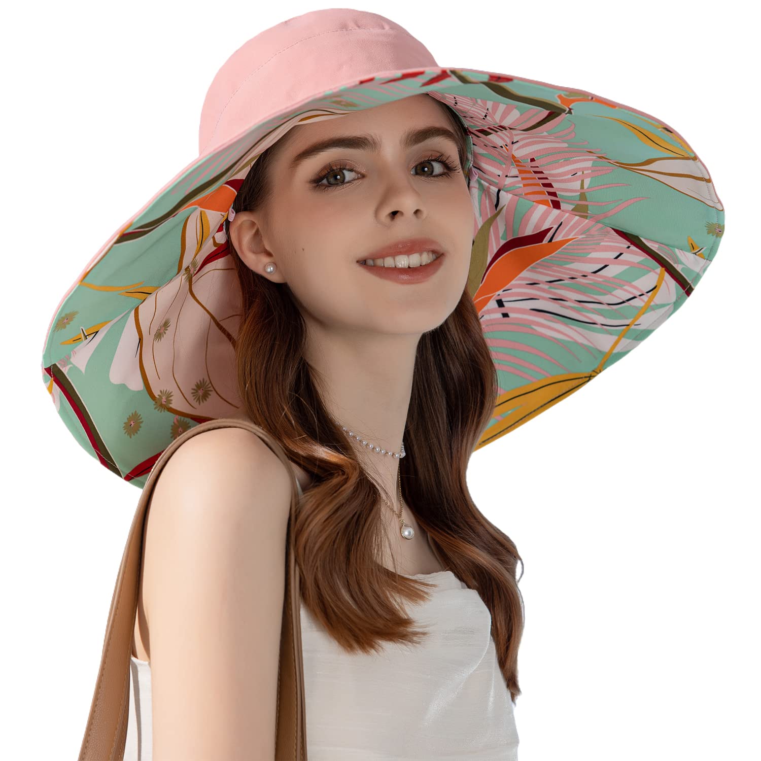 HUAMULANWomen Summer Sun Hat Wide Brim Wired Edge Floral Beach Bucket Hats Reversible Foldable Travel UV Protection Lady Hat