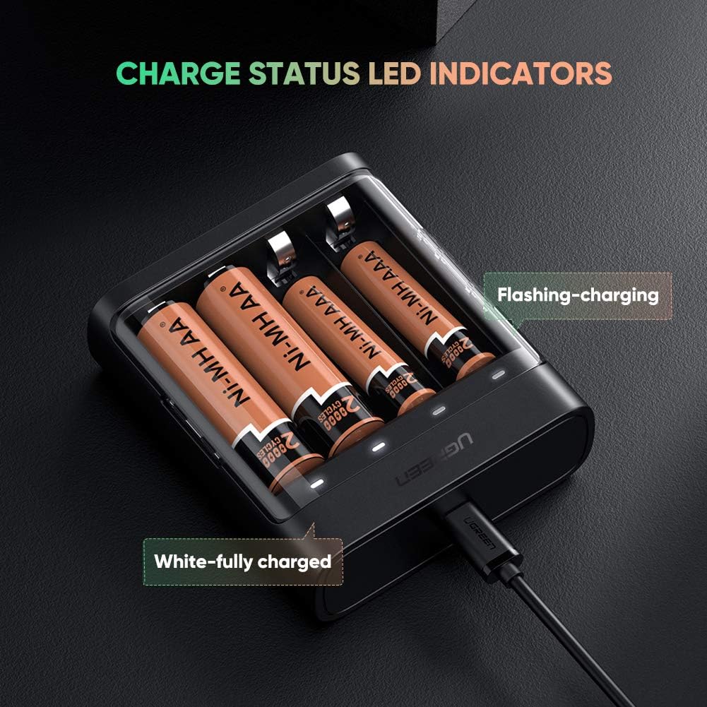 UGREEN Battery Charger AA AAA, Rechargeable Battery Charger with Micro USB Cable, Quick Battery Recharger Compatible for AA, AAA, C, D, 9V Ni-MH Ni-CD Rechargeable Batteries : Electronics