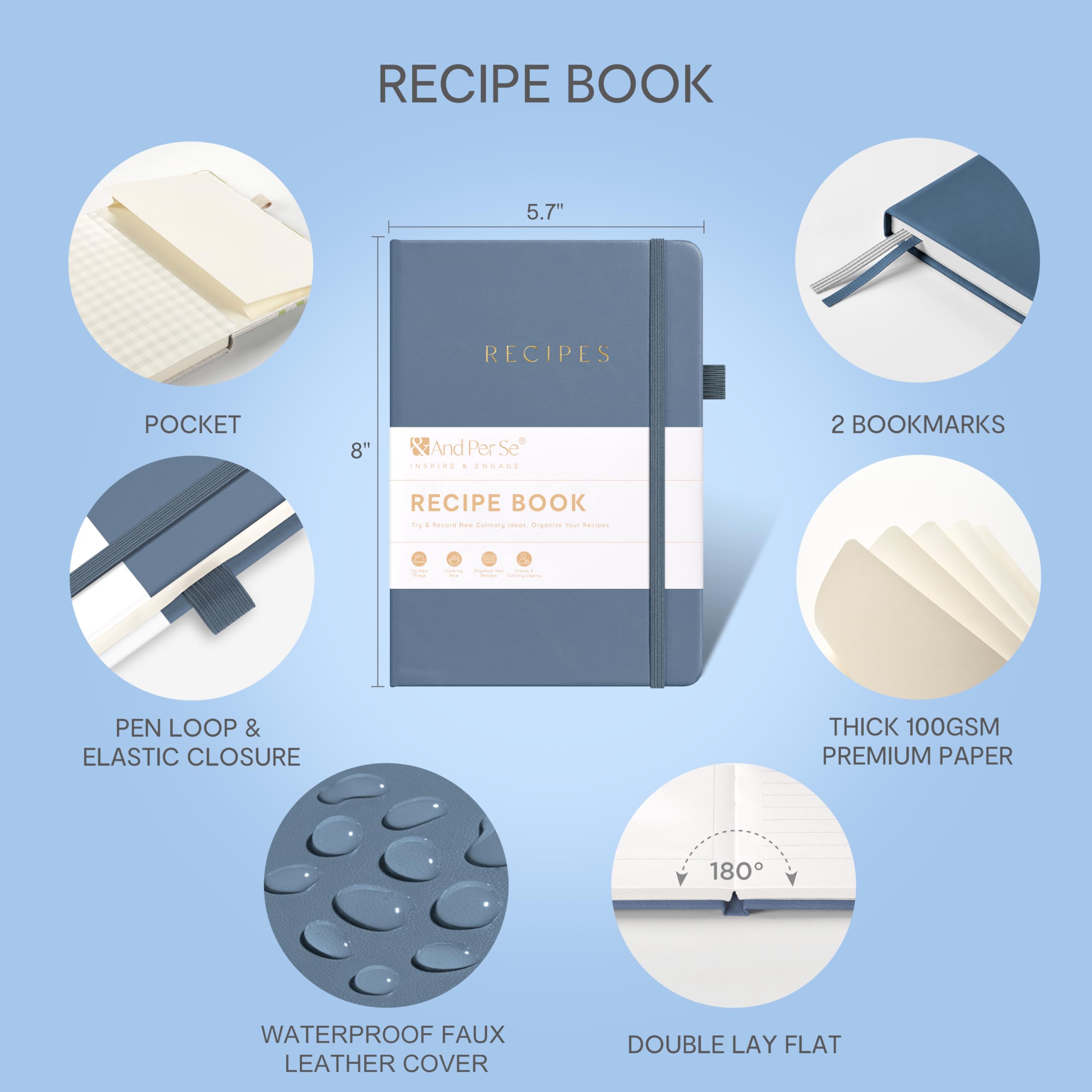 &And Per Se Libro de recetas para escribir en tus propias recetas, libro de recetas en blanco con tapa dura resistente al agua, libro de cocina vacío para organizar tus recetas, 5.7 x 8 pulgadas (azul