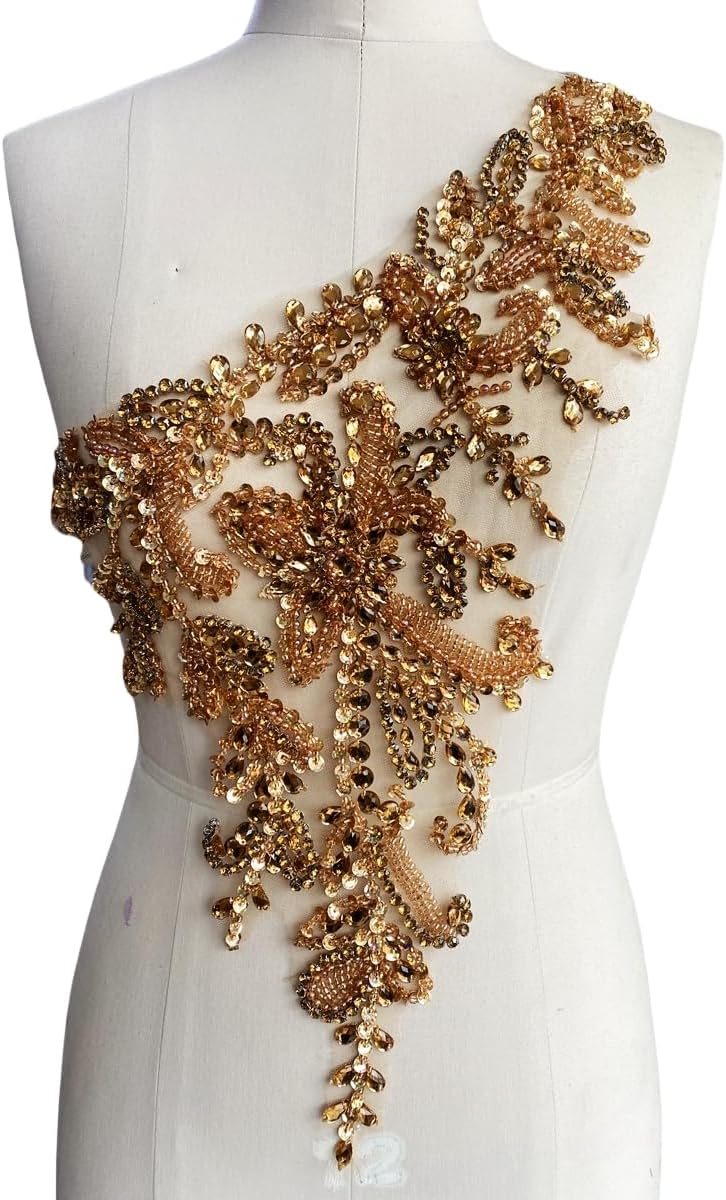 Handmade Rhinestones Applique DIY Handsewing Beads Sequins Trim Patch One Shoulder Dress Clothes Accessories 10X22inches (Pink,B)