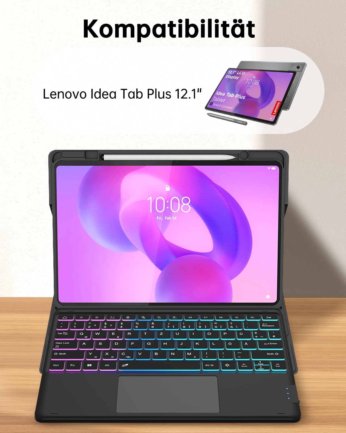 ROOFEI für Lenovo Idea Tab Plus 12,1 Zoll 2025 Hülle mit QWERTZ Tastatur - Regenbogen-Hintergrundbeleuchtung Magnetisch Abnehmbar Tastatur mit Trackpad für Lenovo Idea Tab Plus 12,1" Tablet TB365FC