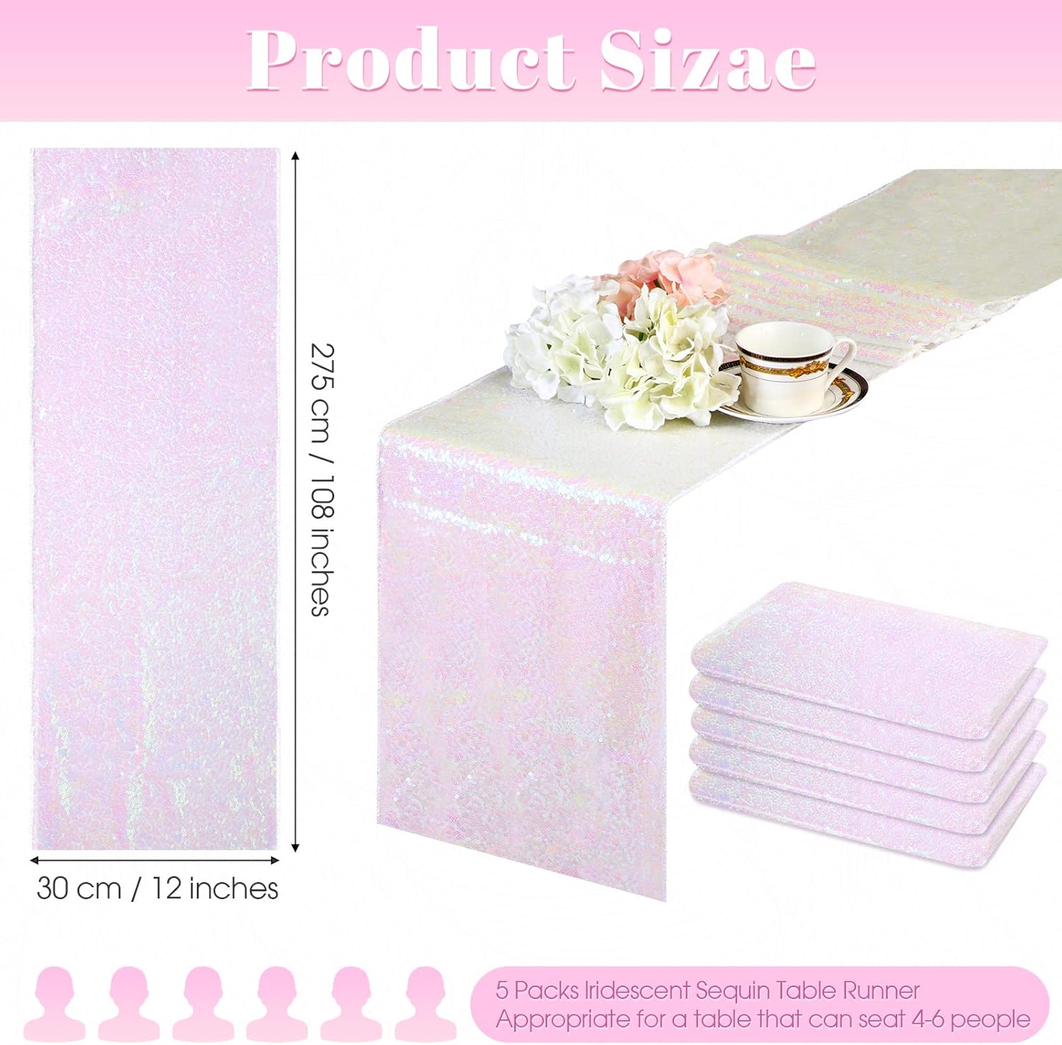 Tatuo 5 Packs Iridescent Sequin Table Runner Set 12 x 108 Inch Rectangle Glitter Table Runner for Birthday Wedding Party Supplies Catering Event Baby Shower Celebration Decorations(Pink)
