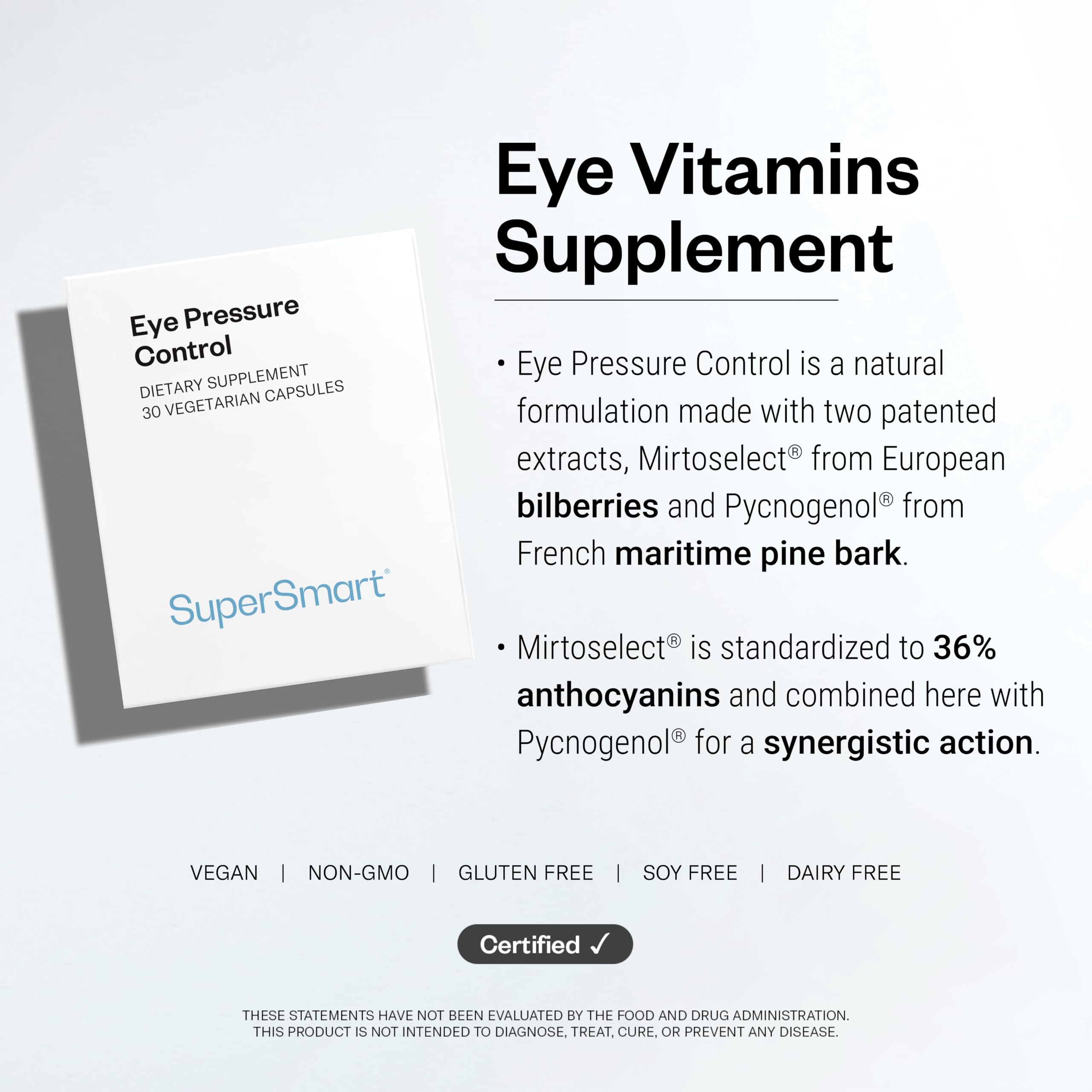SuperSmart - Eye Pressure Control (Patented Ingredients) - with Mirtoselect Bilberry Extract & Pycnogenol Pine Bark Extract - Eyes Supplement | Non-GMO & Gluten Free - 30 Vegetarian Capsules — Amazon image 6