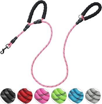 Dog Leash Traffic Double Padded Handles, Comfortable Reflective 2 Handle Strong Leashes Extra Training Control and Walking Lead for Heavy Duty Medium Large Dogs Pink, 0.4 inch