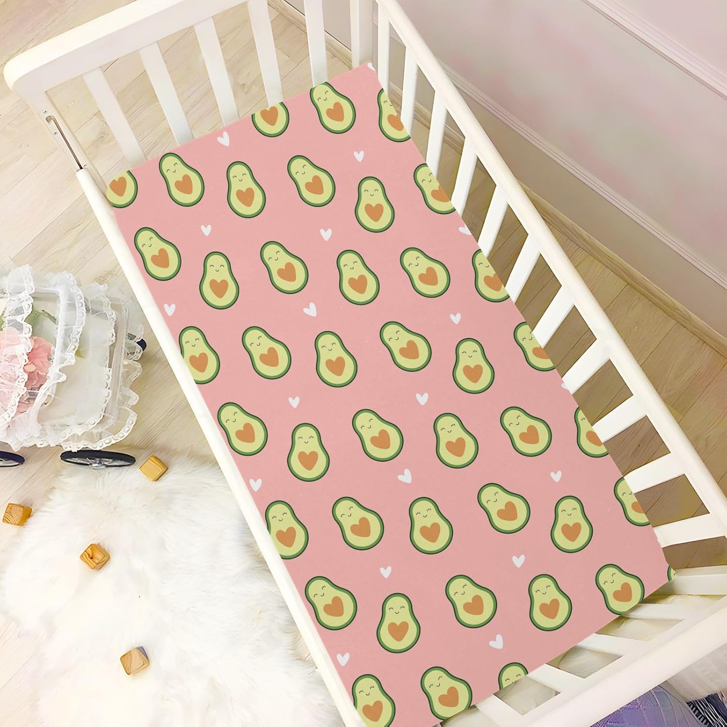 Fitted Crib Sheets Pink Heart Avocados Stretchy Portable Playard Sheets for Baby Toddler, Breathable Soft Mini Crib Mattress 52 x 28 in for Boys and Girls