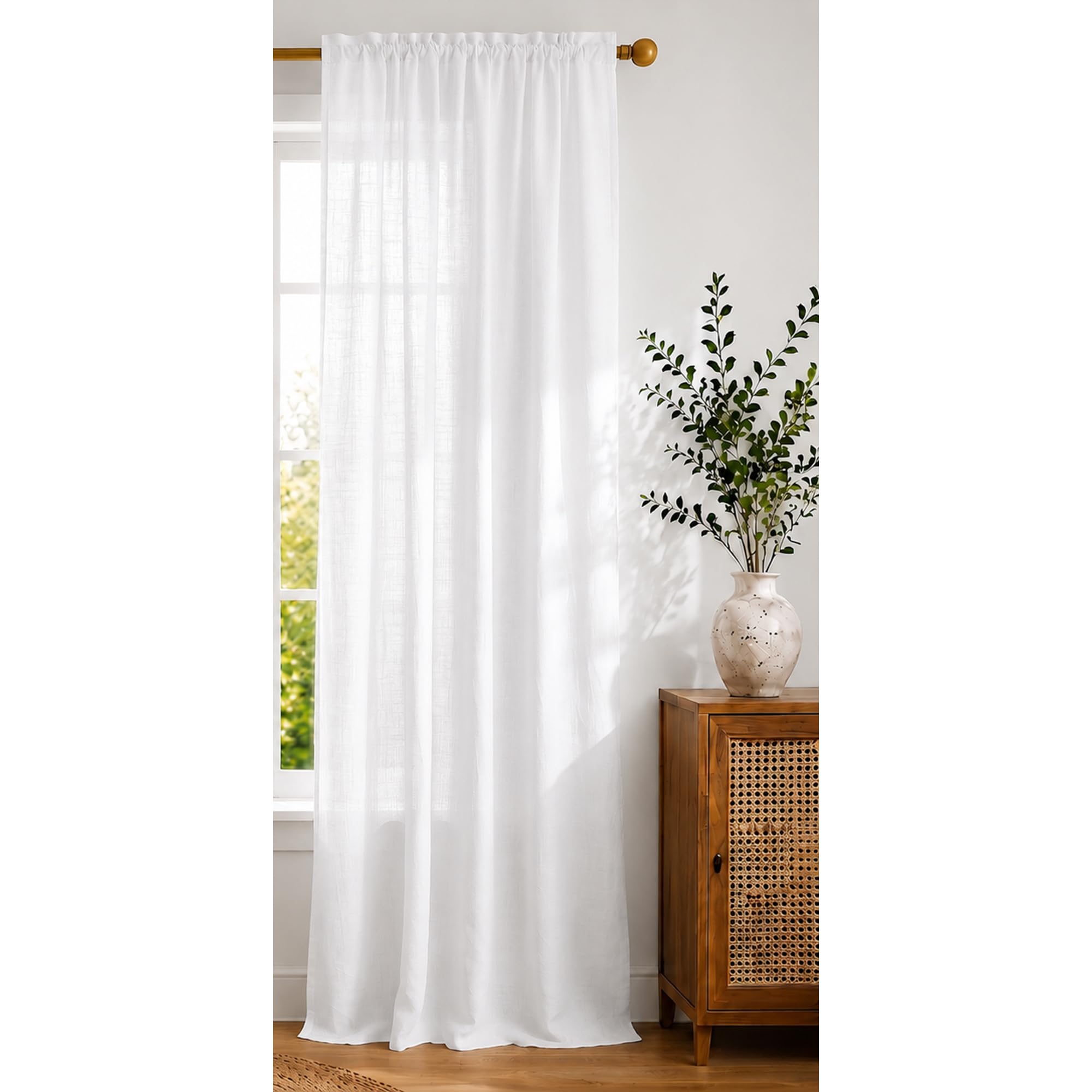 HOMEMONDE Long Door 8 Feet Faux Linen Curtains Transparent Sun Light Filtering Drapes Hangs with Rod Pocket for Living Room, Office, Bedroom, 96 Inches - White, 1 Piece