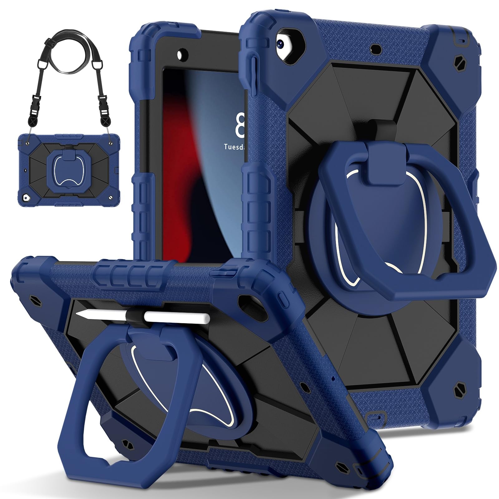 Custodia protettiva per tablet PC compatibile con iPad 9a/8a/7a generazione 2021/2020/2019 (10,2 pollici), robusta custodia antiurto, custodia protettiva W 360 cavalletto girevole + cinghia da polso +