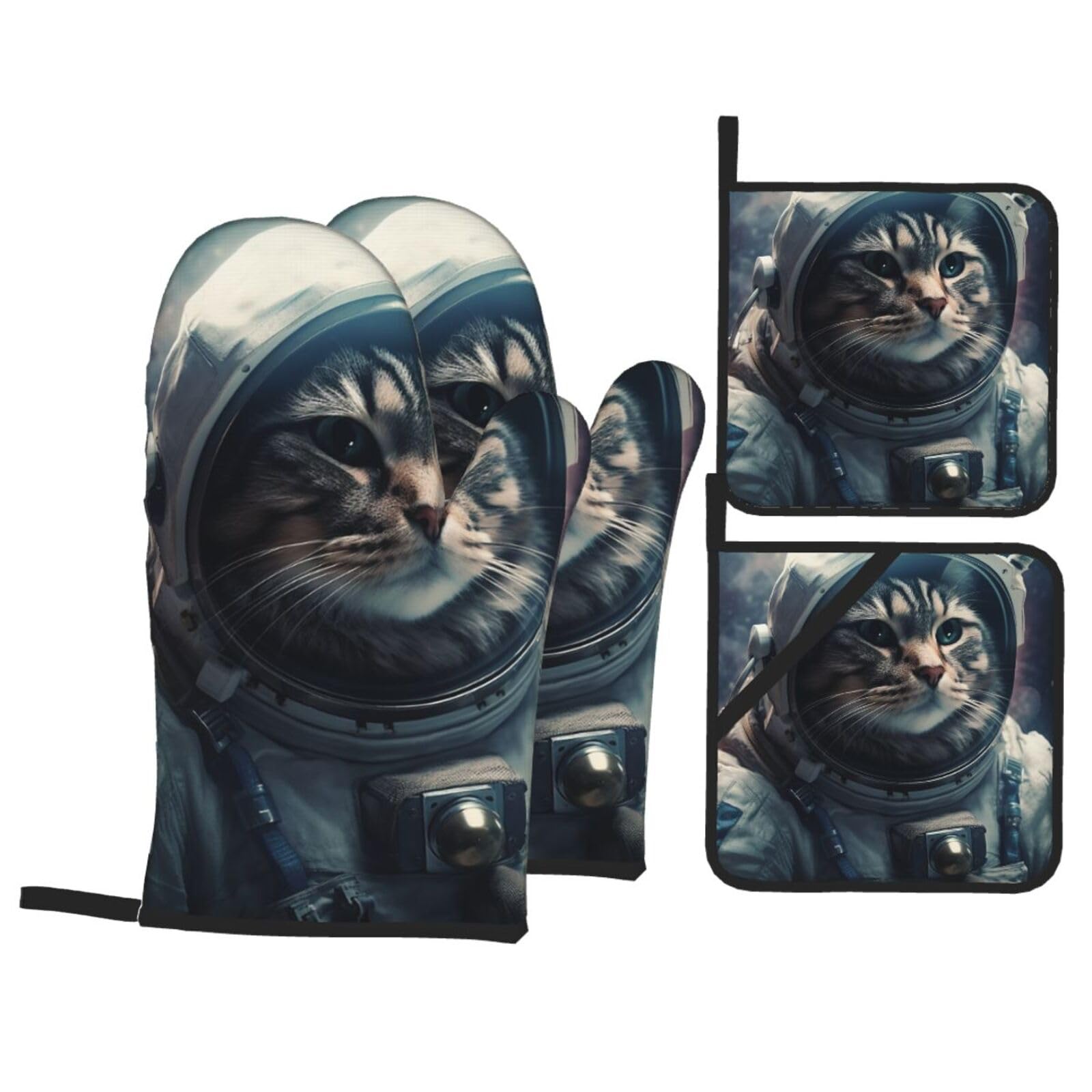 4 Piece Oven Mitts and Pot Holders Set Heat Resistant Oven Gloves and Potholders BBQ Gloves Hot Pads Astronaut cat in Space Cooking Gloves for Kitchen Baking Grilling