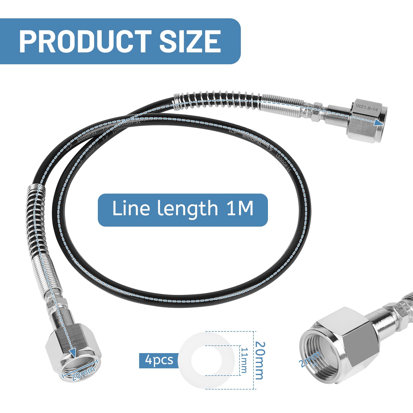 LALAGO 1 Metro Tubo di Trasferimento, Tubo per Impianto di Spillatura per Gas Inerte Filettatura 2 x W21,8 x 1/14" per Argon, CO2, Gas Inerte, Elio, Come Raccordo di Trasferimento