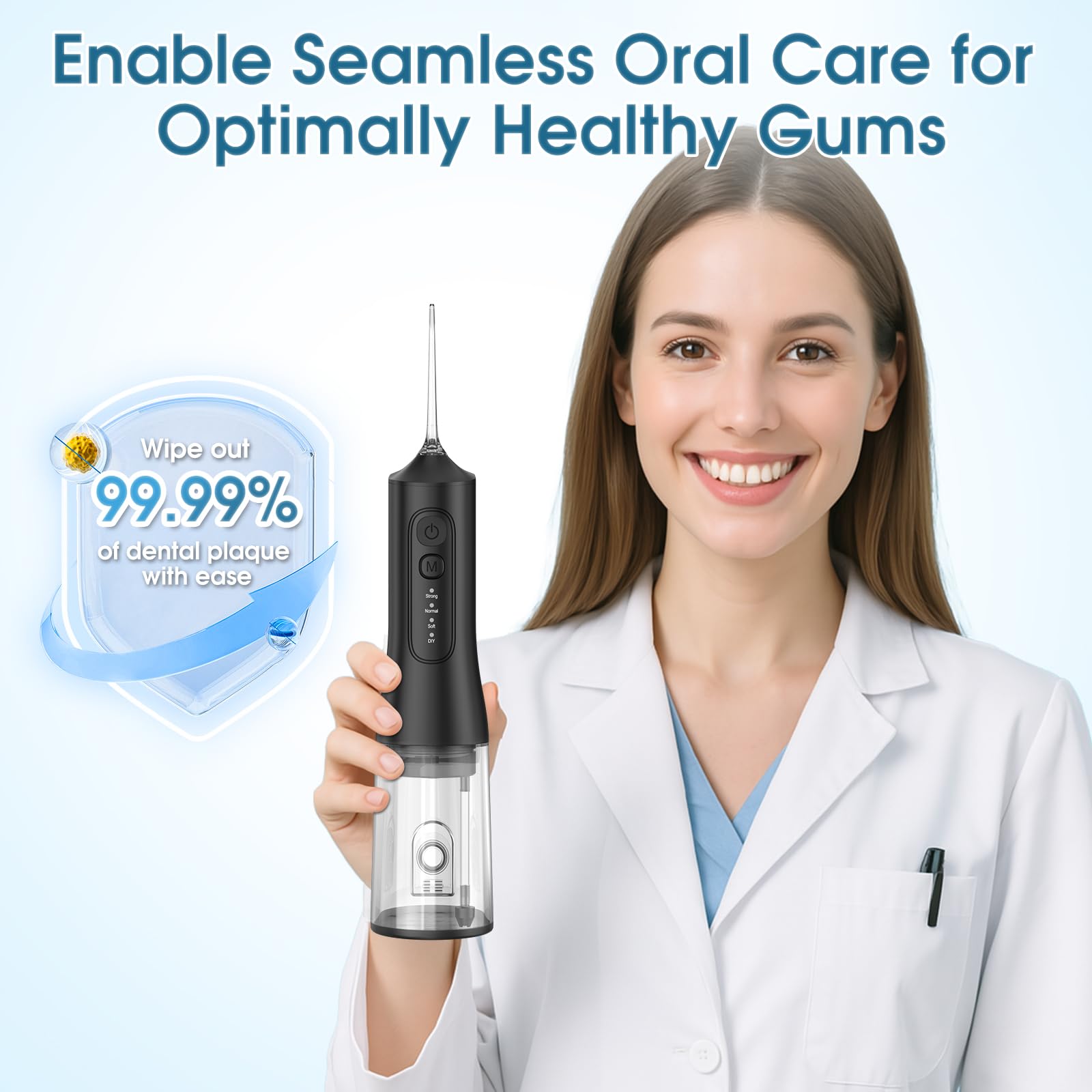 Irrigador bucal recargable de 300 ml, IPX7, impermeable, inalámbrico, portátil, con 4 modos y 6 puntas de chorro reemplazables, limpiador profesional de hilo dental para uso diario en el hogar, viajes