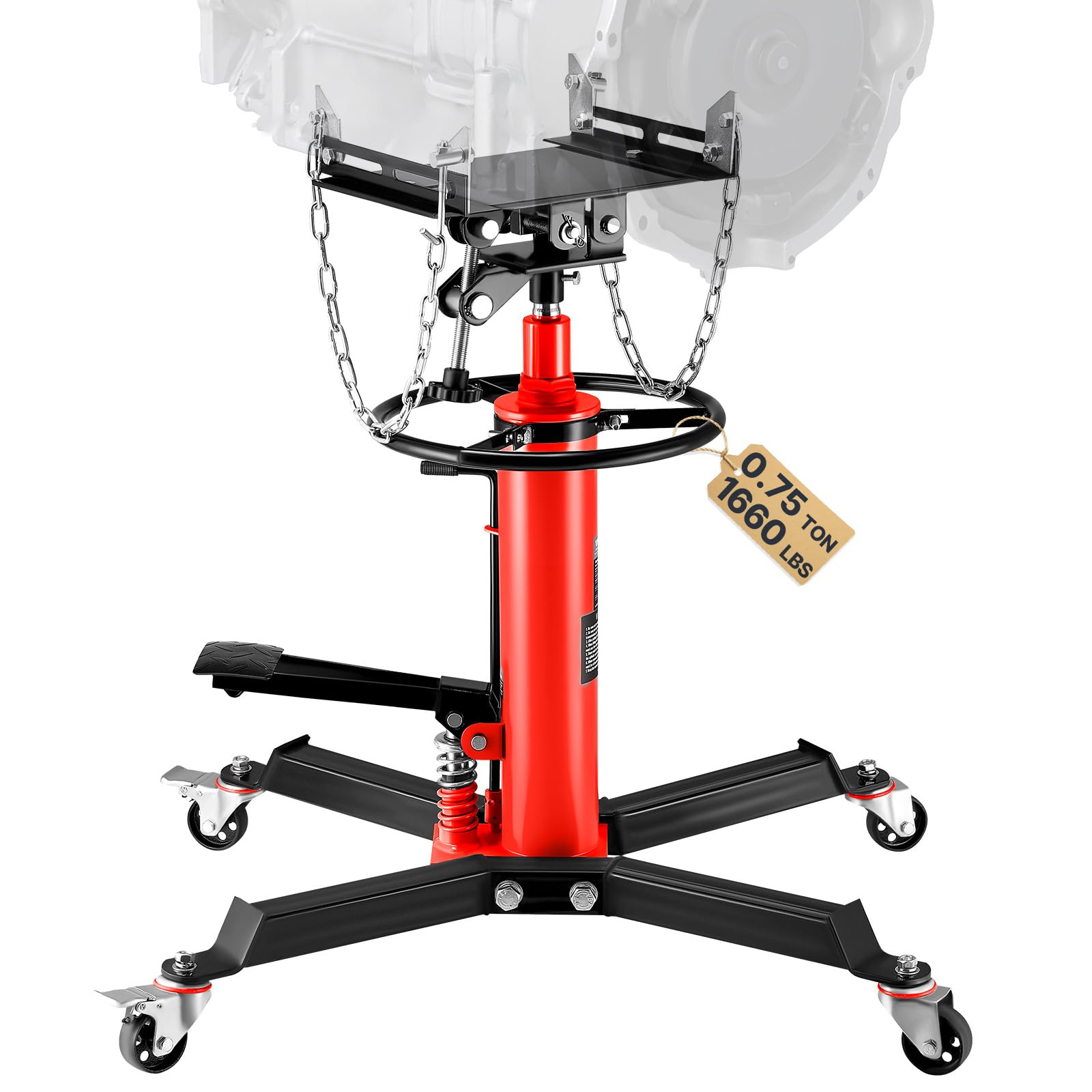 VEVORTransmission Jack,0.75 Ton/1660 lbs Capacity Hydraulic Telescopic Transmission Jack, 2-Stage Floor Jack Stand with Foot Pedal, 360° Swivel Wheel, Garage/Shop Lift Hoist, Red