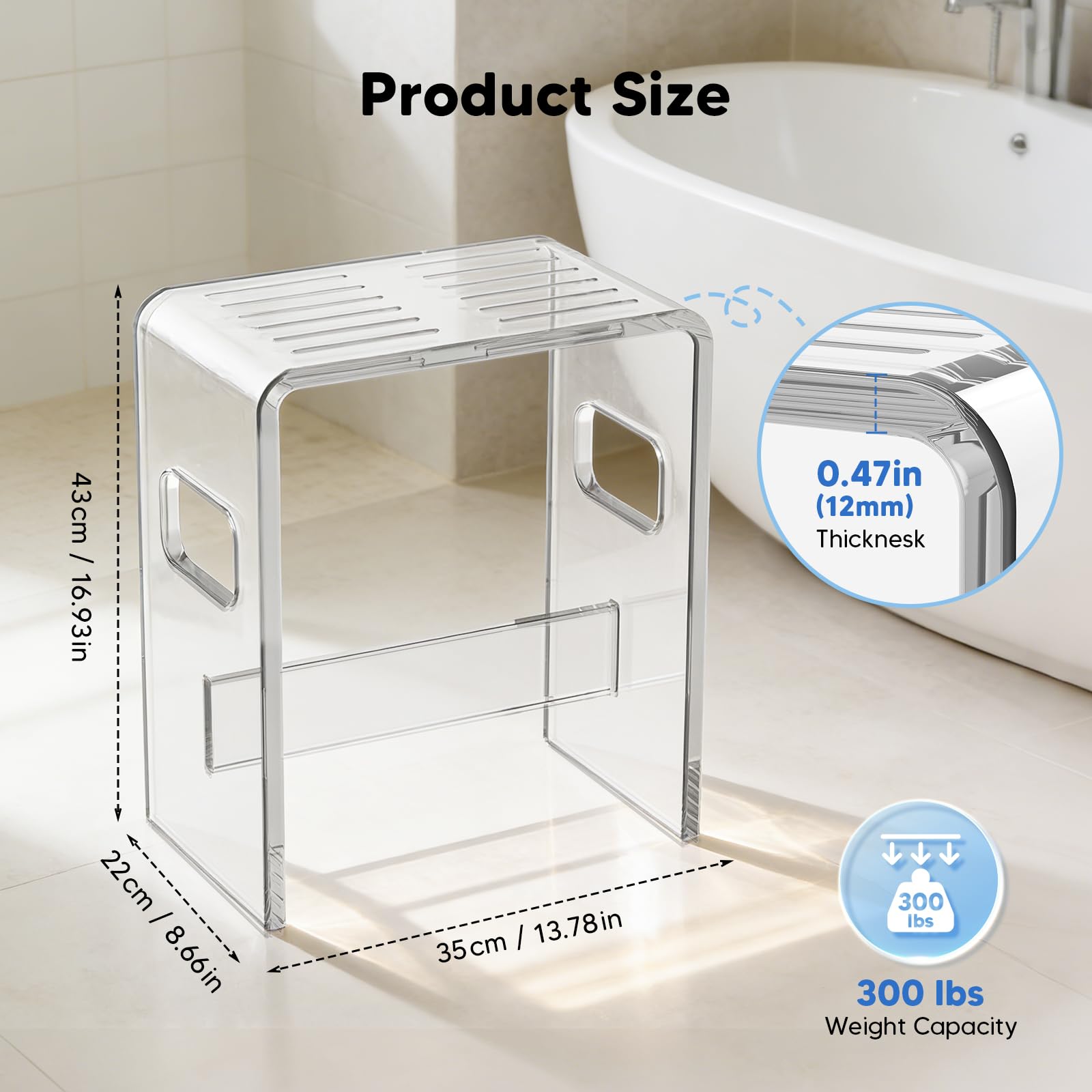 Sgabello da Doccia, Sedia da Doccia in Acrilico Trasparente (Portata 136kg) | Sgabello Trasparente Alto 43CM con Fessure di Drenaggio e Piedini Antiscivolo, Ideale per Sedersi