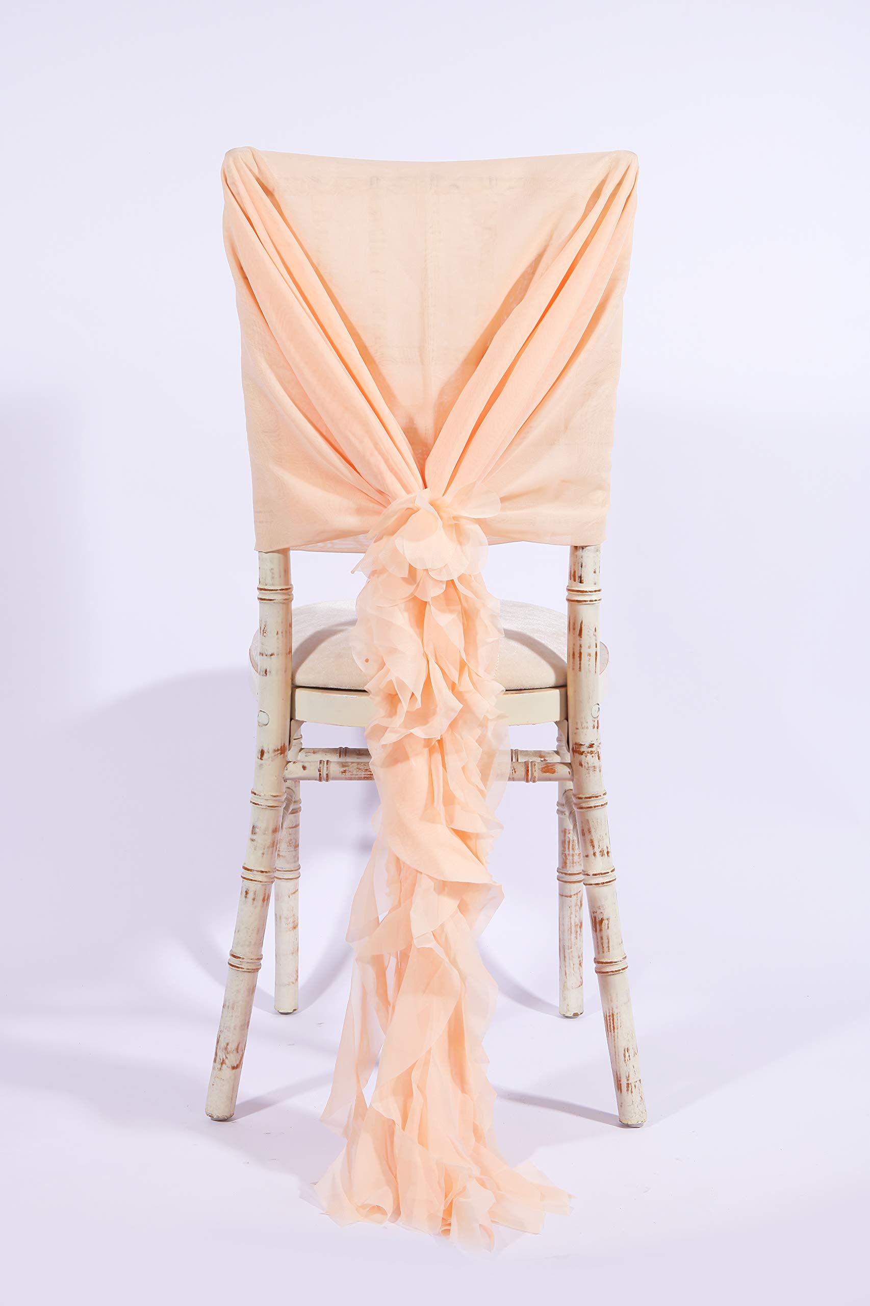LUXURY CHIFFON HOODS WITH RUFFLES DECOR CHAIR COVER SASH WEDDING PARTY EVENTS (Peach, 20 Pcs)