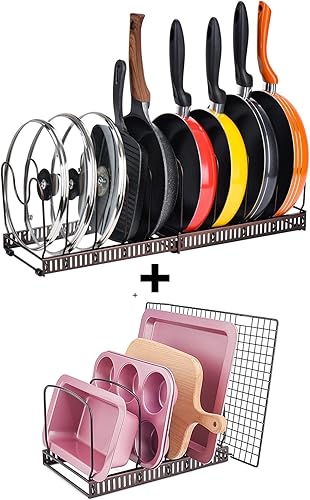 Toplife Organizador ajustable para 10 sartenes, 7 tapas, organizador para armario de cocina y encimera, color marrón