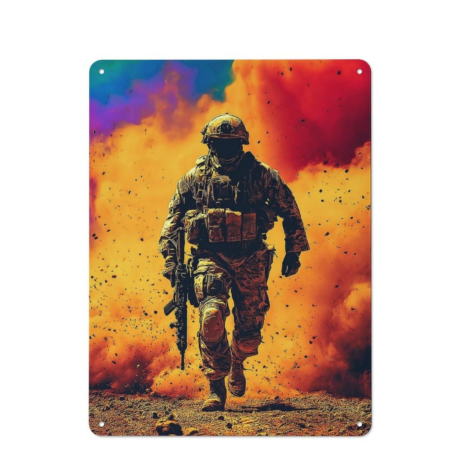 Junmoney Soldier In Action Amidst Explosions -1 Rustic Metal Sign 40X30cm For Café Or Restaurant, Suited To Café Owners And Decorators