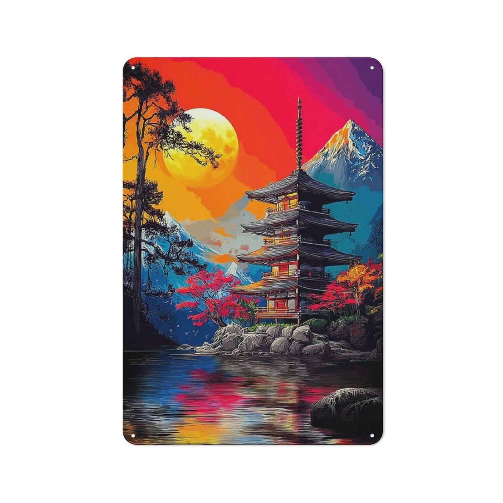 Junmoney Japanese Pagoda Sunset Reflections -2 Retro Tin Wall Plaque 30X20cm For Garage Or Workshop, A Metal Wall Feature For Garages And Tool Rooms