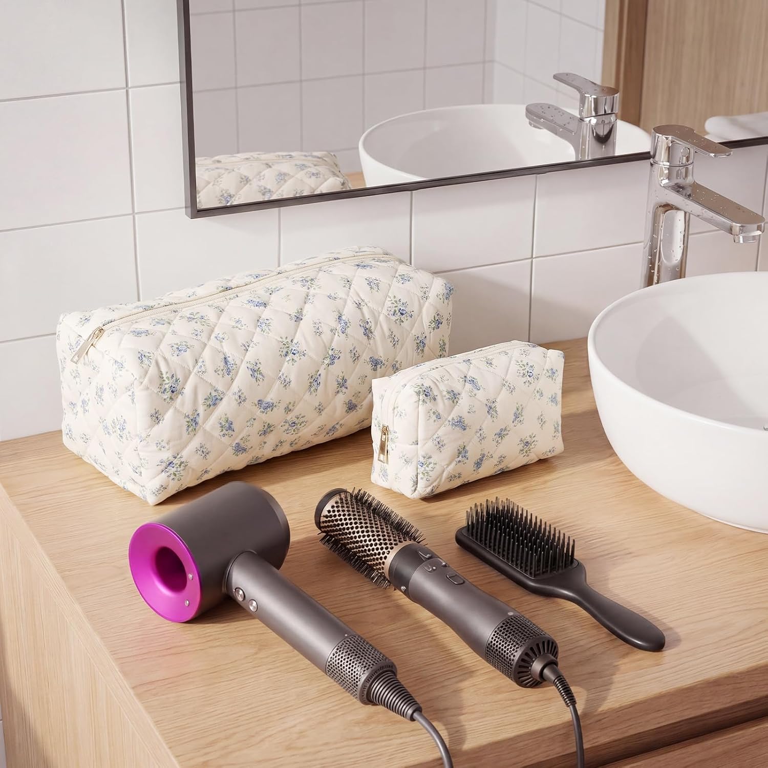 Paterr 2 Pcs Quilted Hair Tools Travel Bag Cute Hair Tools Storage Bag Portable Wrap Dryer Case Curling Iron Accessories Organizer Shockproof Protection for Women(Blue Green Floral) image 5