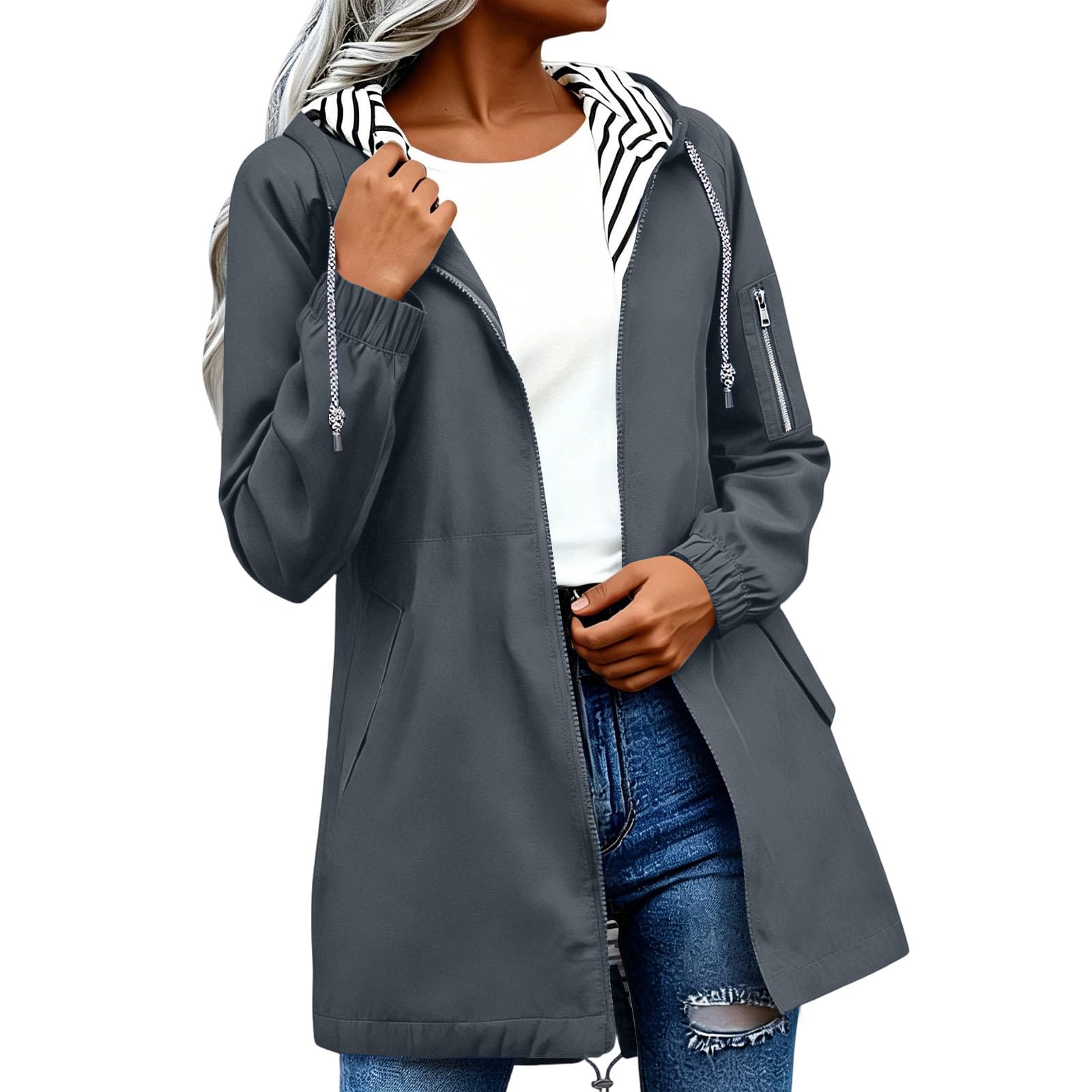 Chaqueta impermeable mujer ideal para caminar en verano con capucha a rayas 8