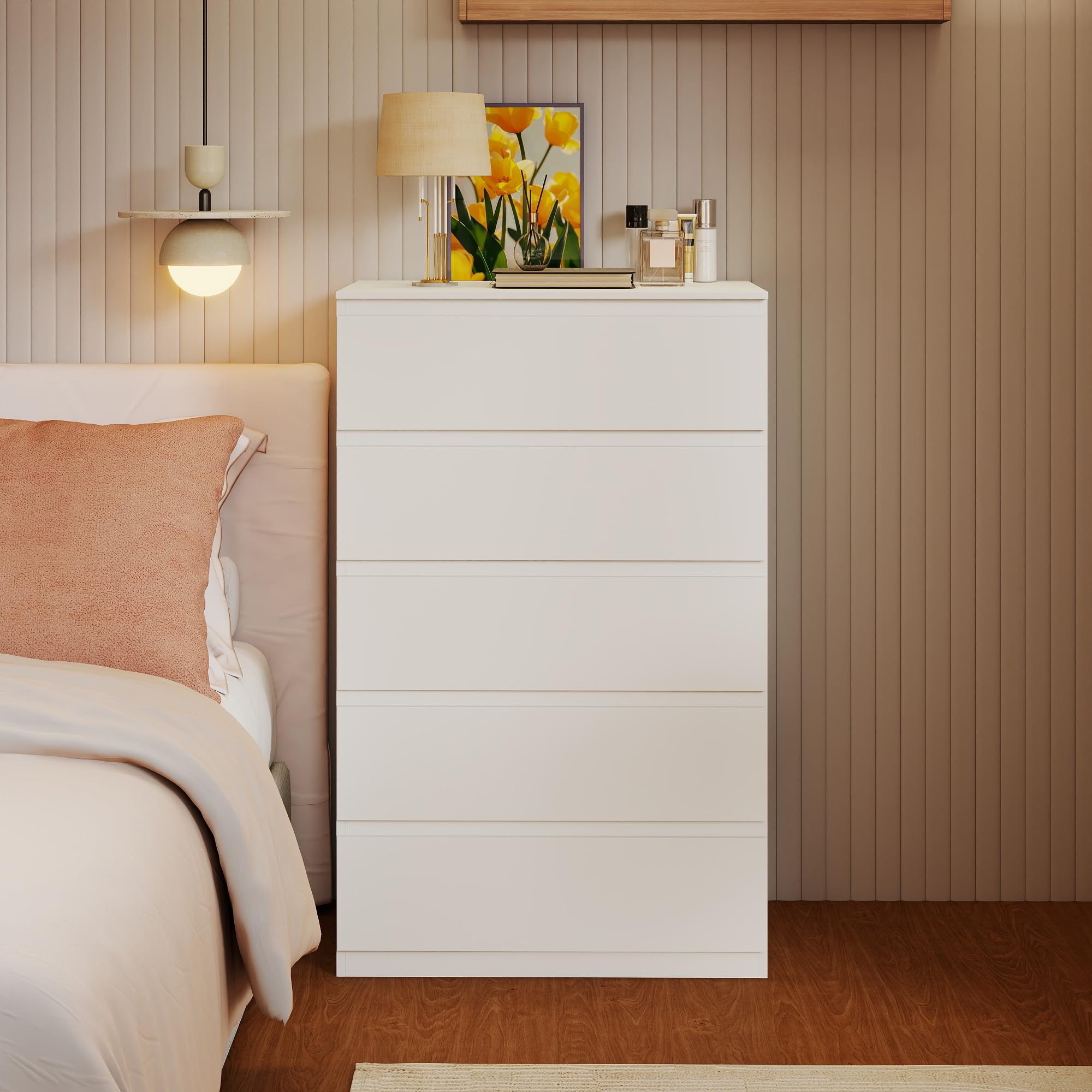 Cajonera con 5 Cajones, Ancho 60 cm, Comoda Dormitorio Blanca, Sinfonier Dormitorio, para Dormitorio, Salón, Oficina y Recibidor, 60x40x121 cm (A x F x A)