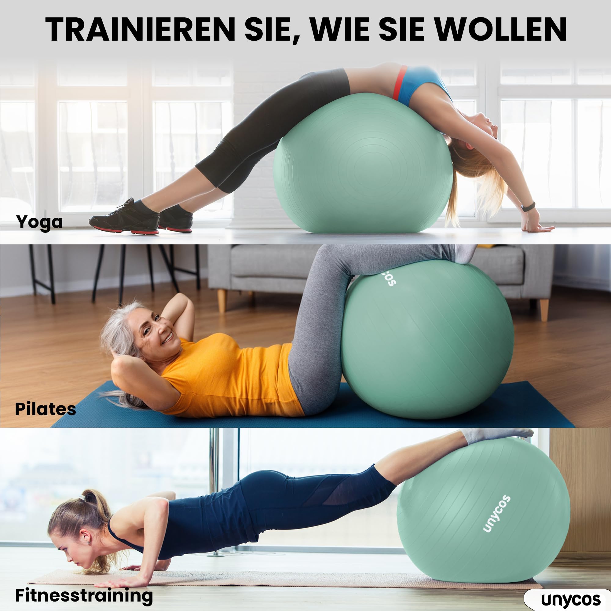 unycos - Gymnastikball 55/65/75 cm Sitzball Trainingsball für Yoga, Fitness, Medizinball, Balance Ball, Core Training Strength, Pilates-Ball | Inkl. Pumpe, BPA-Frei, Anti-Burst