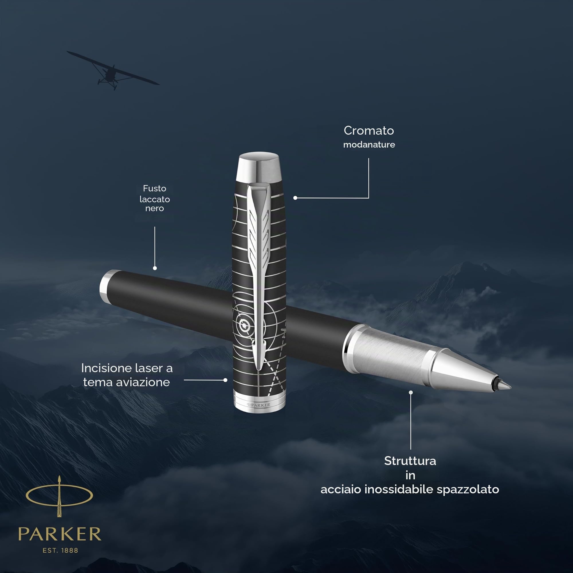 Parker IM Premium Penna Rollerball | Collezione Legacy of Flight | Rifiniture Cromate | Punta Fine | Inchiostro Nero | Confezione Regalo
