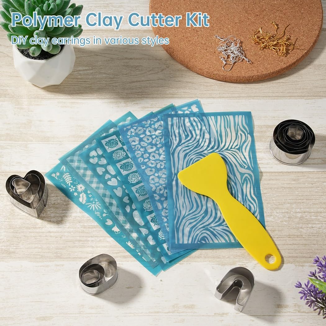 Dolltobe Polymer Clay Cutter Set, Siebdruck-Schablonenset mit 6 Mesh-Transfer-Schablonen, 24 Clay Cuttern, 30 Ohrhaken, 1 Farbschaber, für DIY-Ohrringe und Schmuck