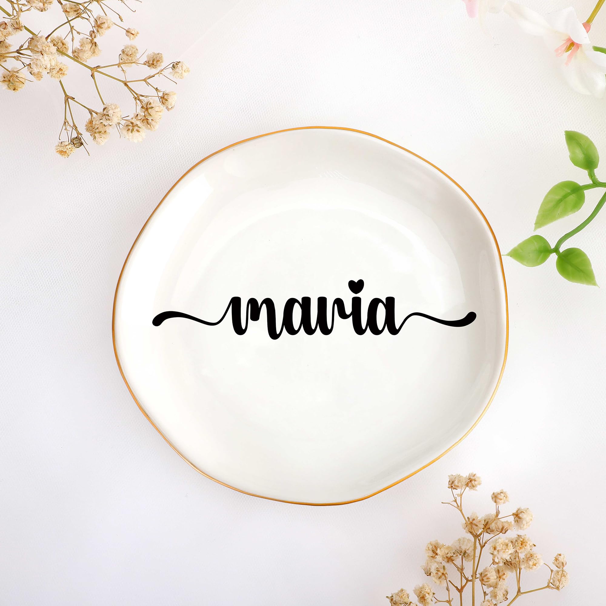 JoycuFF Maria Personalized Name Ceramic Jewelry Tray, Mothers Day Christmas Anniversary Engagement Birthday Gifts for Women Couples, Trinket Dish for