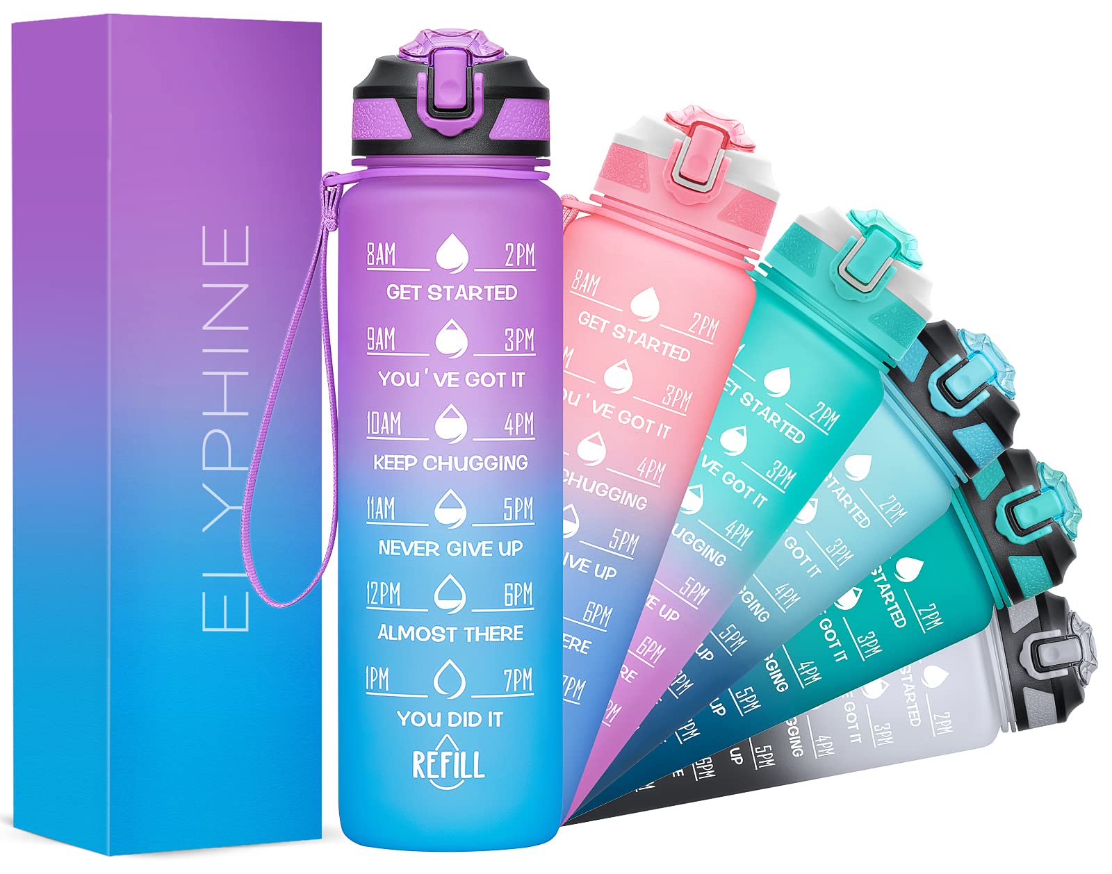 32/24 oz Water Bottles with Removable Straw & Time Marker, Motivational Sports Bottles with BPA Free Tritan Material, Leakproof Water Jug for Fitness