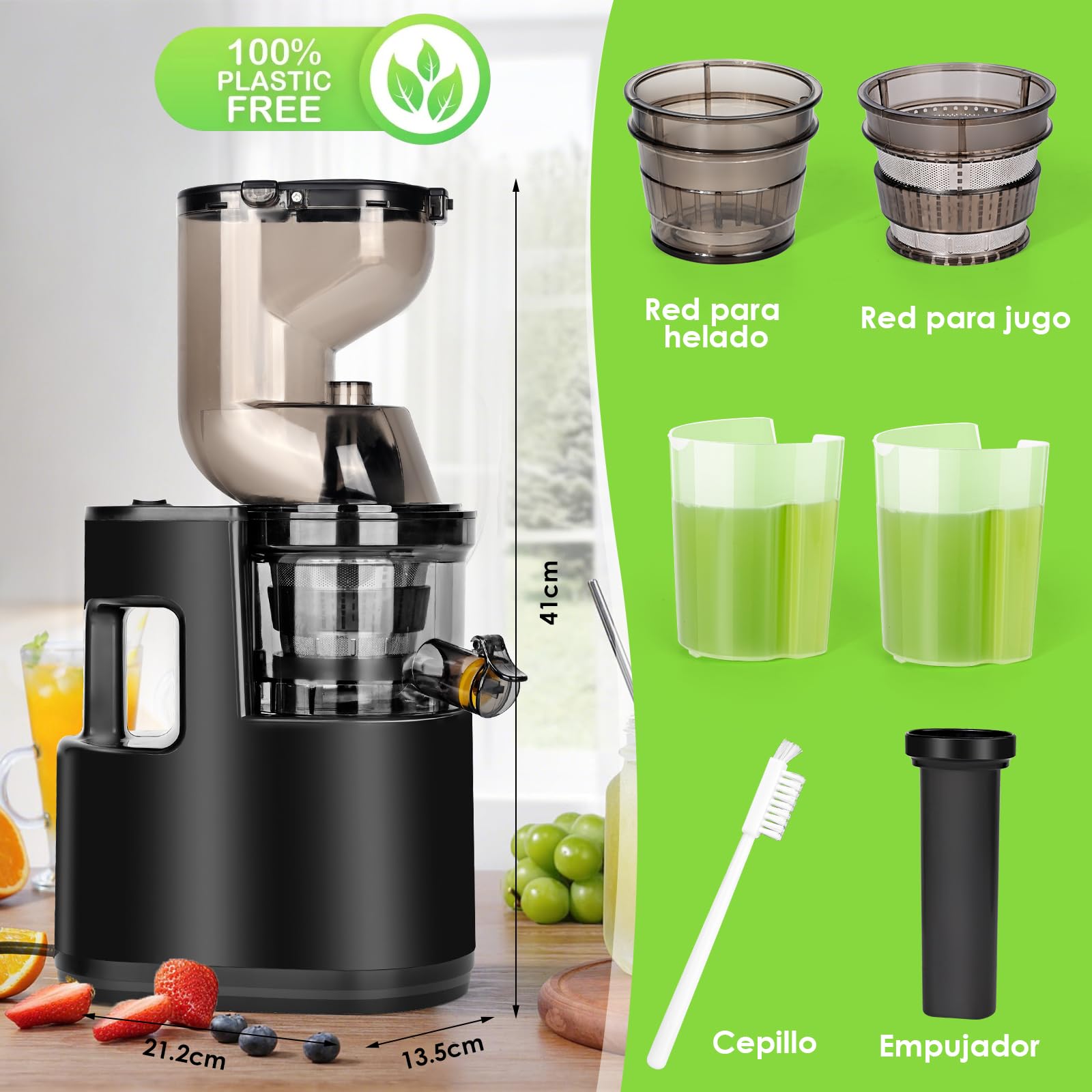 Dreamhigh® 550W Extractor de Zumos y Verduras, Licuadora Prensado en Frio con Función de Reversa, Juicer Machine 100% Libre de BPA, Apertura De 82MM, 98% de rendimiento de zumo, apto para lavavajillas