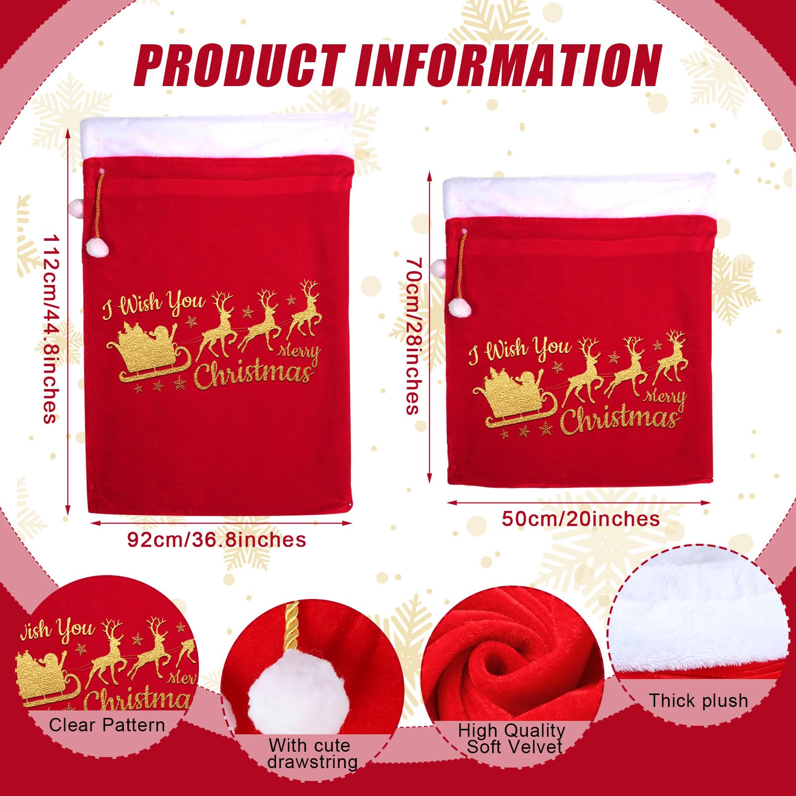 Wesnoy 2 bolsas de terciopelo de Papá Noel con cordón en 2 tamaños, bolsas de regalo de Papá Noel, bolsas grandes de Navidad, bolsas de regalo para decoración de fiestas de Navidad (rojo, dorado, 44 x